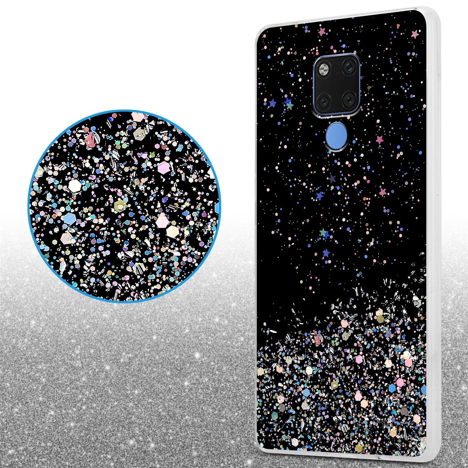 Eine Handyhülle mit schwarzem Glitzer, mit schwarzem Hintergrund und einem kreisförmigen Glitzerakzent. Das Telefon ist leicht außermittig.