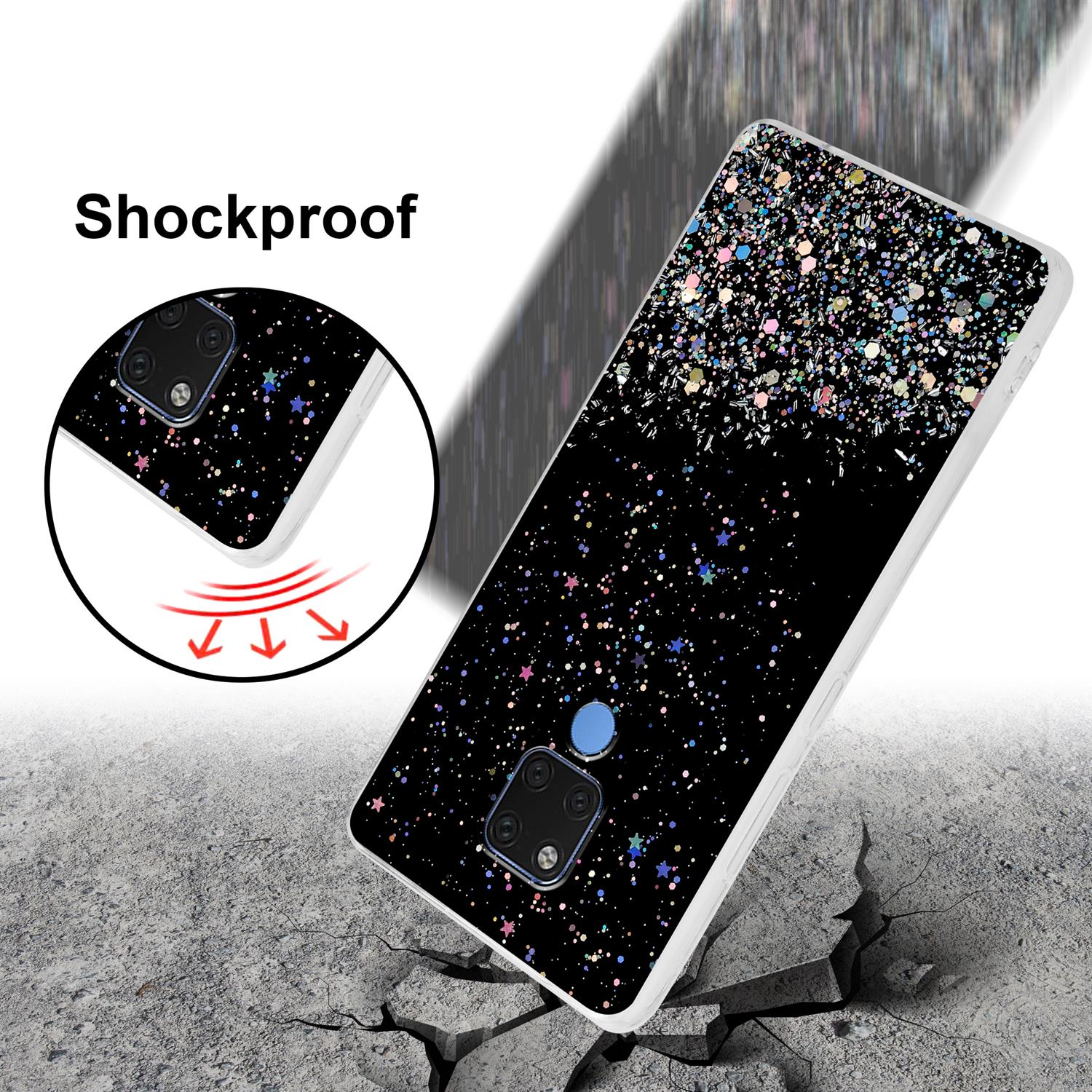 Schwarze Handyhülle mit Glitzerdesign. Die Hülle wird auf einer rissigen Oberfläche gezeigt. Stoßfest ist geschrieben.