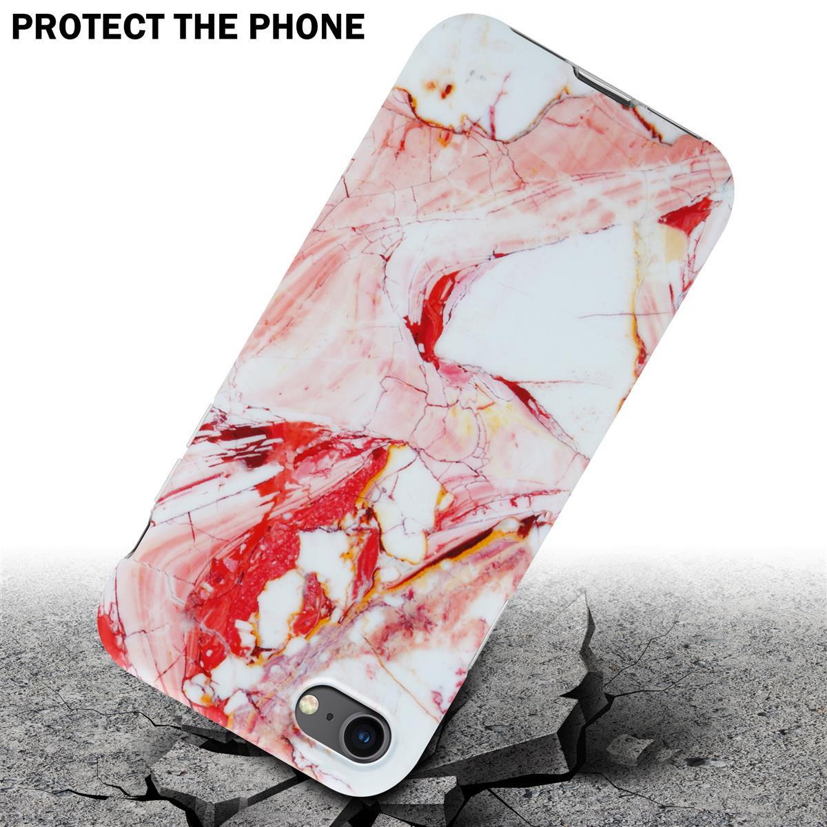 Custodia per telefono con un design marmorizzato su una superficie screpolata. Testo: Proteggi il telefono.