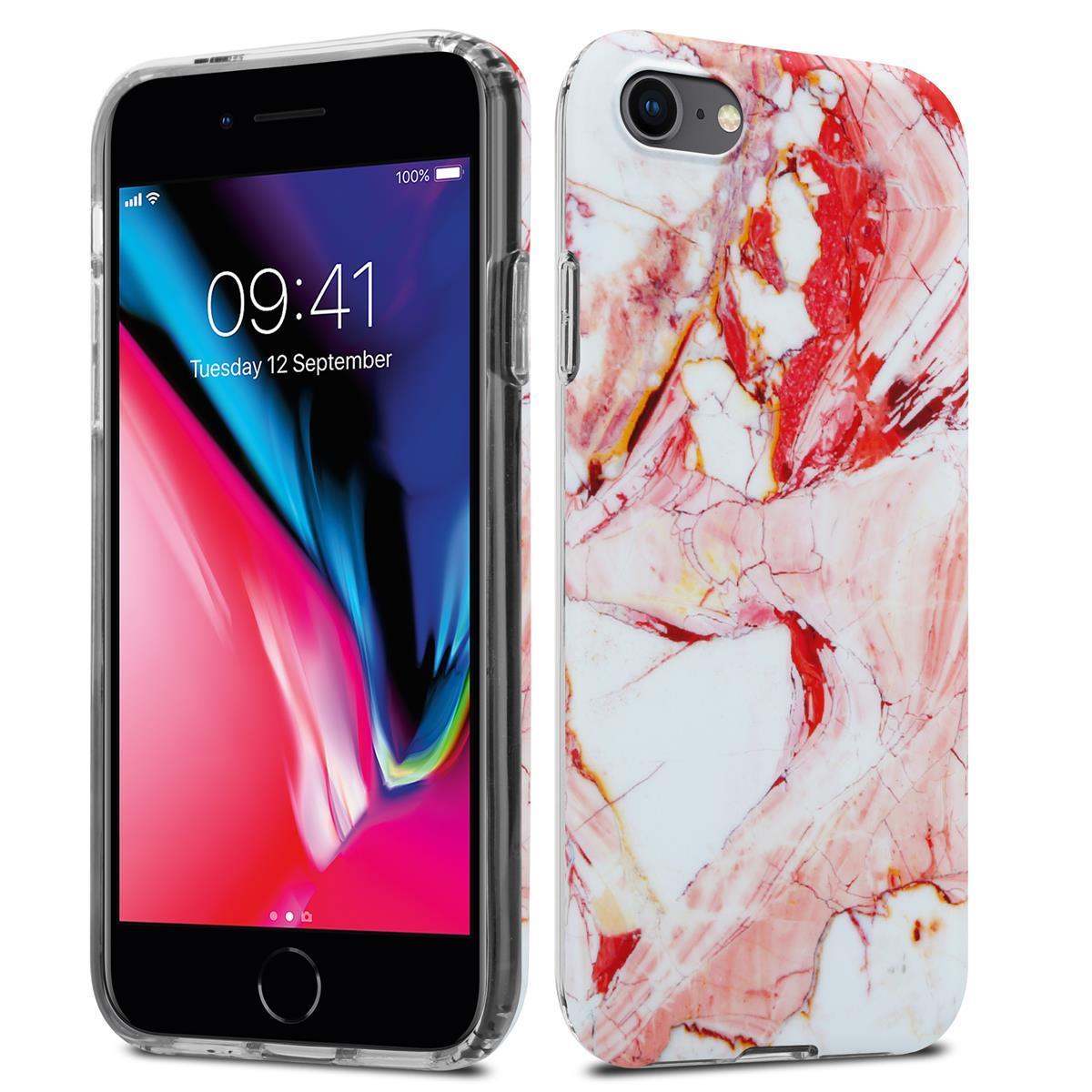 Due telefoni, uno nero con schermo acceso, l'altro con un design a marmo rosso e bianco.