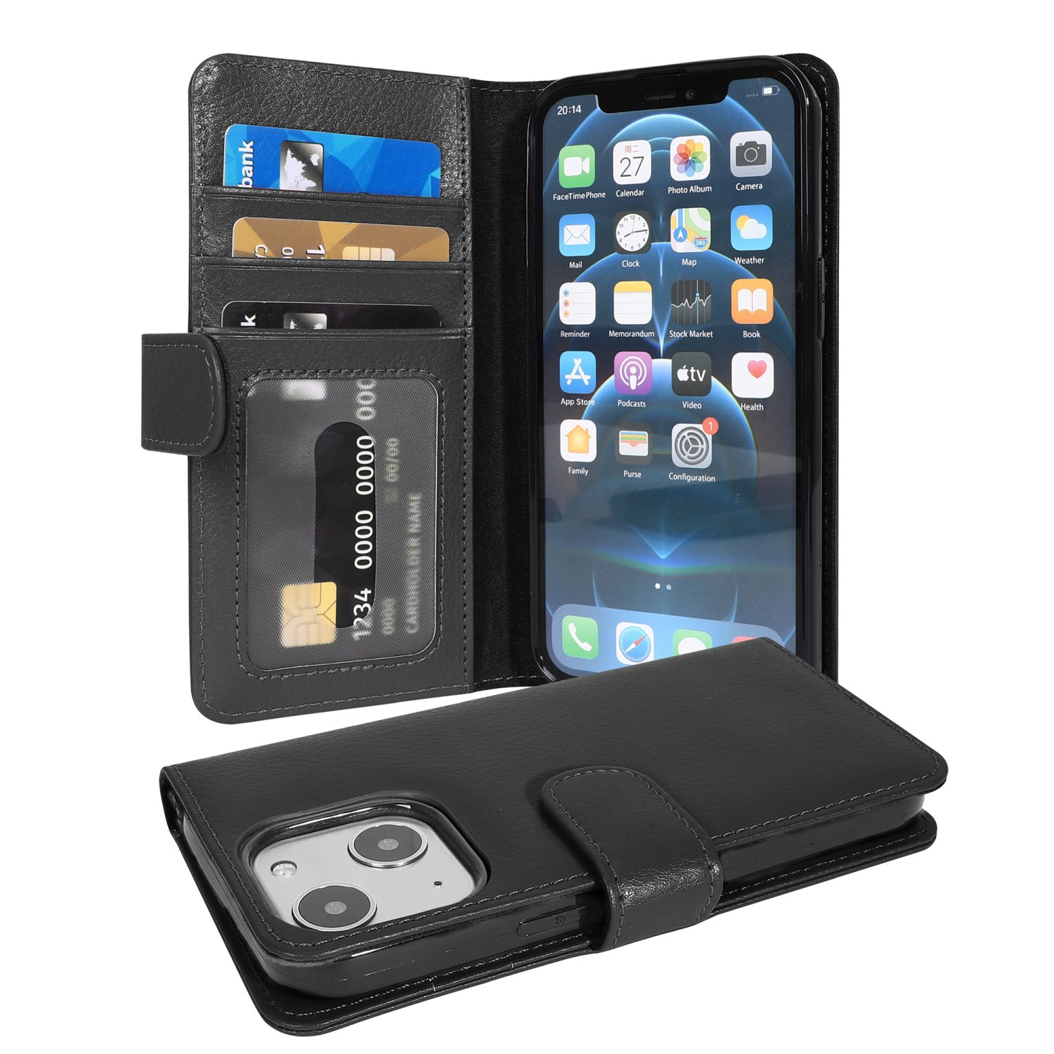Geöffnete schwarze Leder-Handyhülle mit Karten und Telefon. Der Bildschirm zeigt App-Symbole.