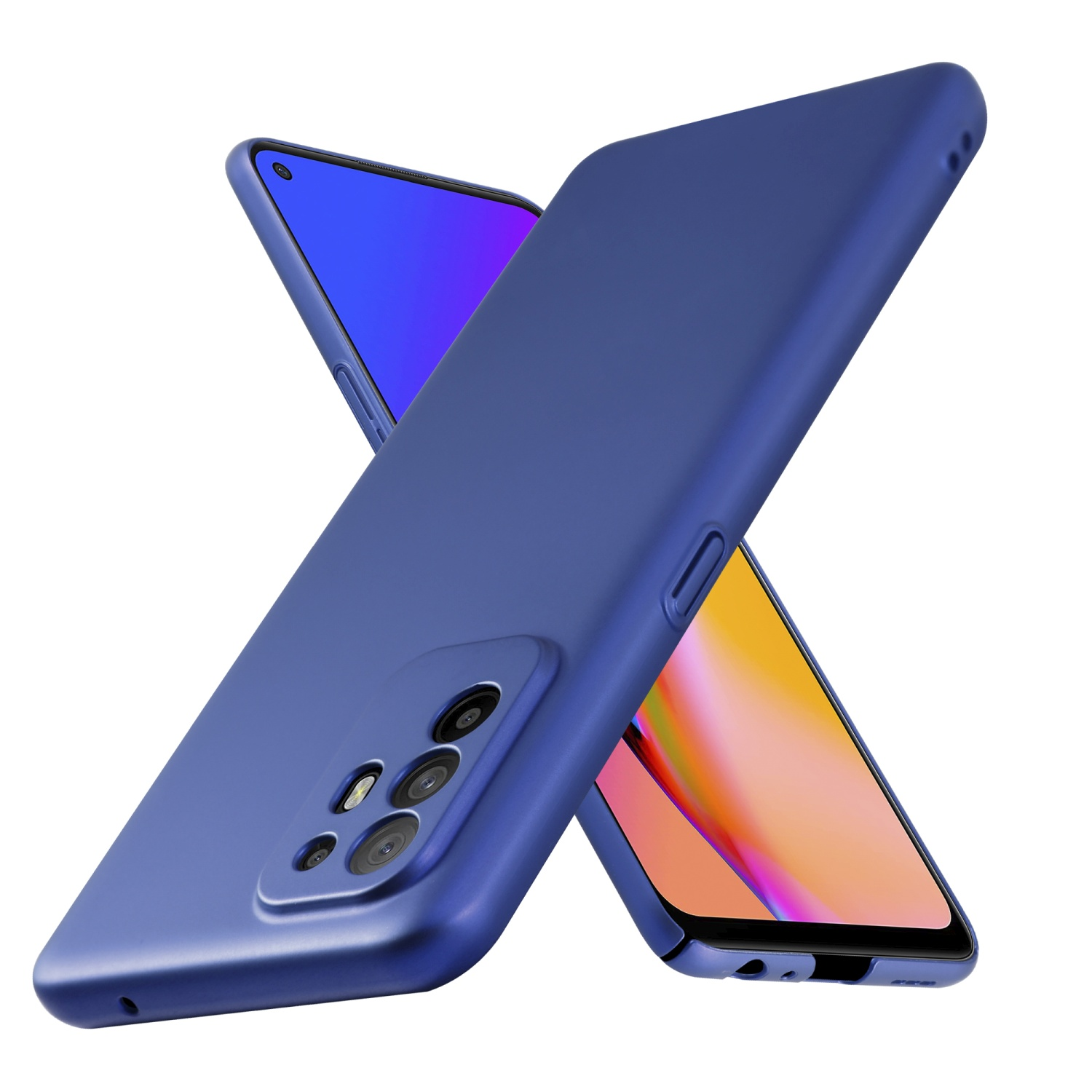 Blaue Handyhüllen. Eine ist angewinkelt, die andere zeigt das Telefon darin.