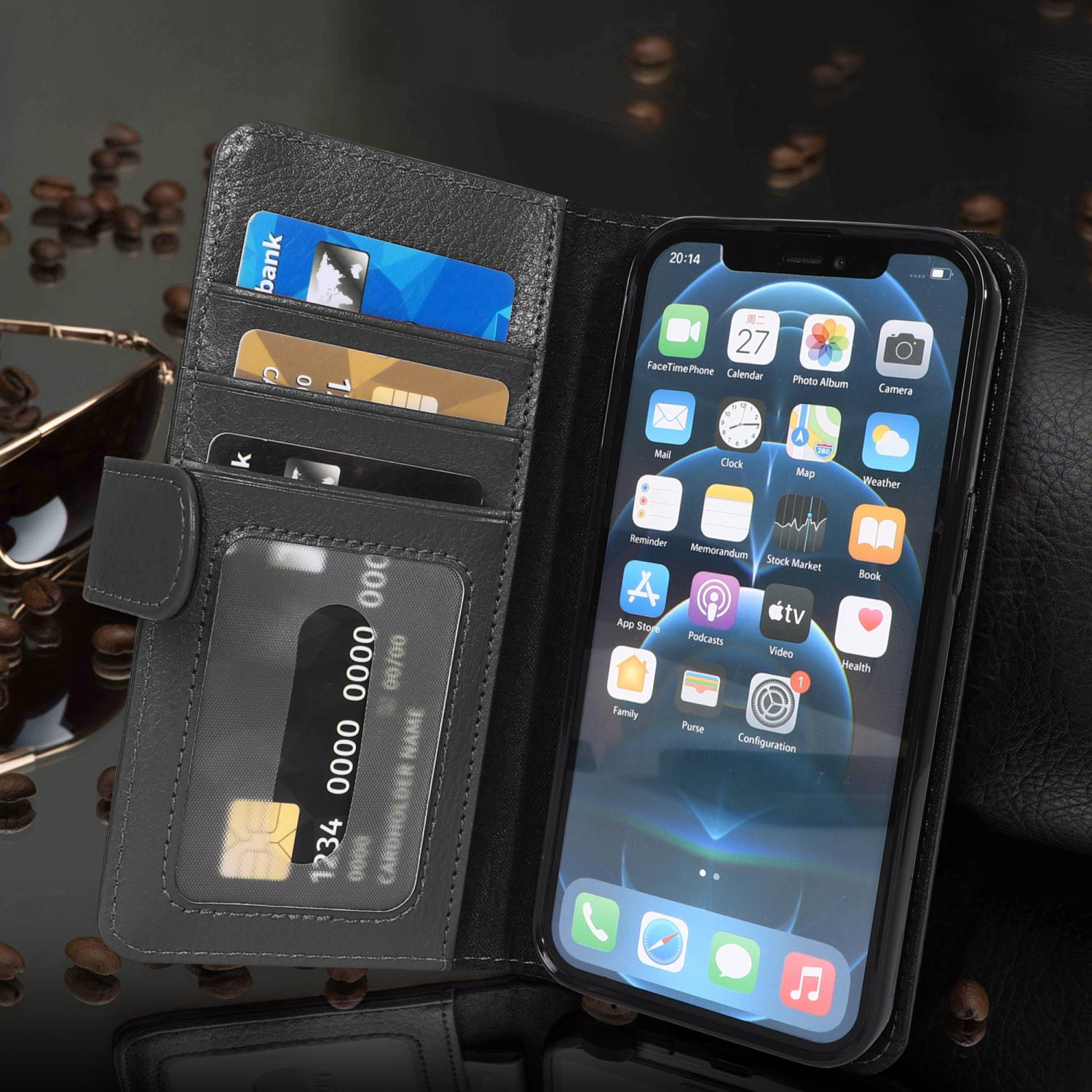 Schwarzes Telefon-Portemonnaie mit Karten und Telefon mit Bildschirm.