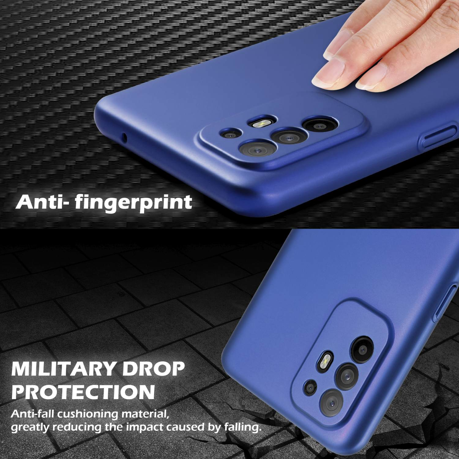 Eine blaue Handyhülle, die die Rückseite eines Telefons mit dem Text 'Anti-Fingerprint' und 'Military Drop Protection' zeigt.