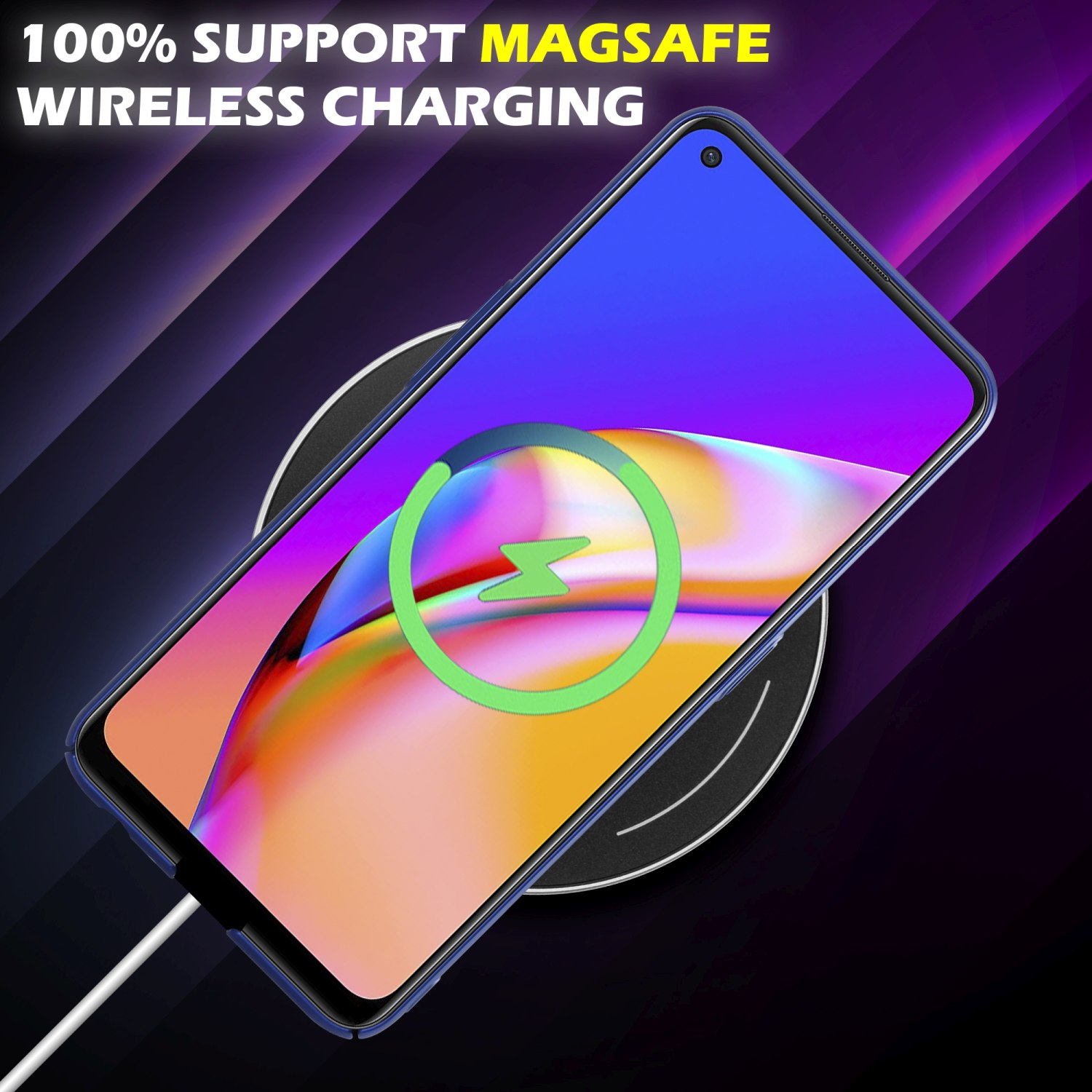 Telefon auf kabellosem Ladegerät. 100% Magsafe-Laden. Lila und blauer Hintergrund.