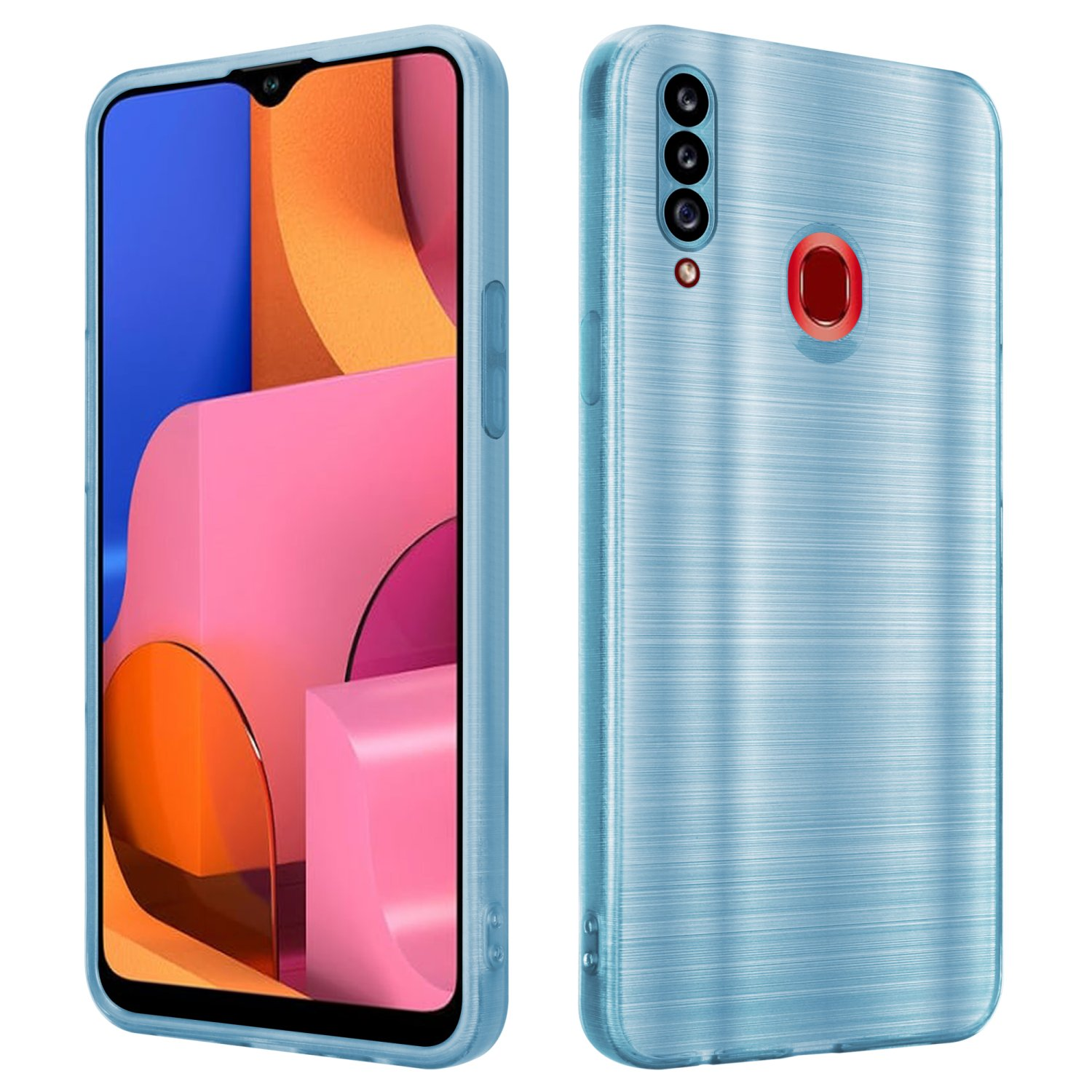 Custodia per telefono blu con un telefono all'interno, che mostra un'immagine astratta rosa e blu.