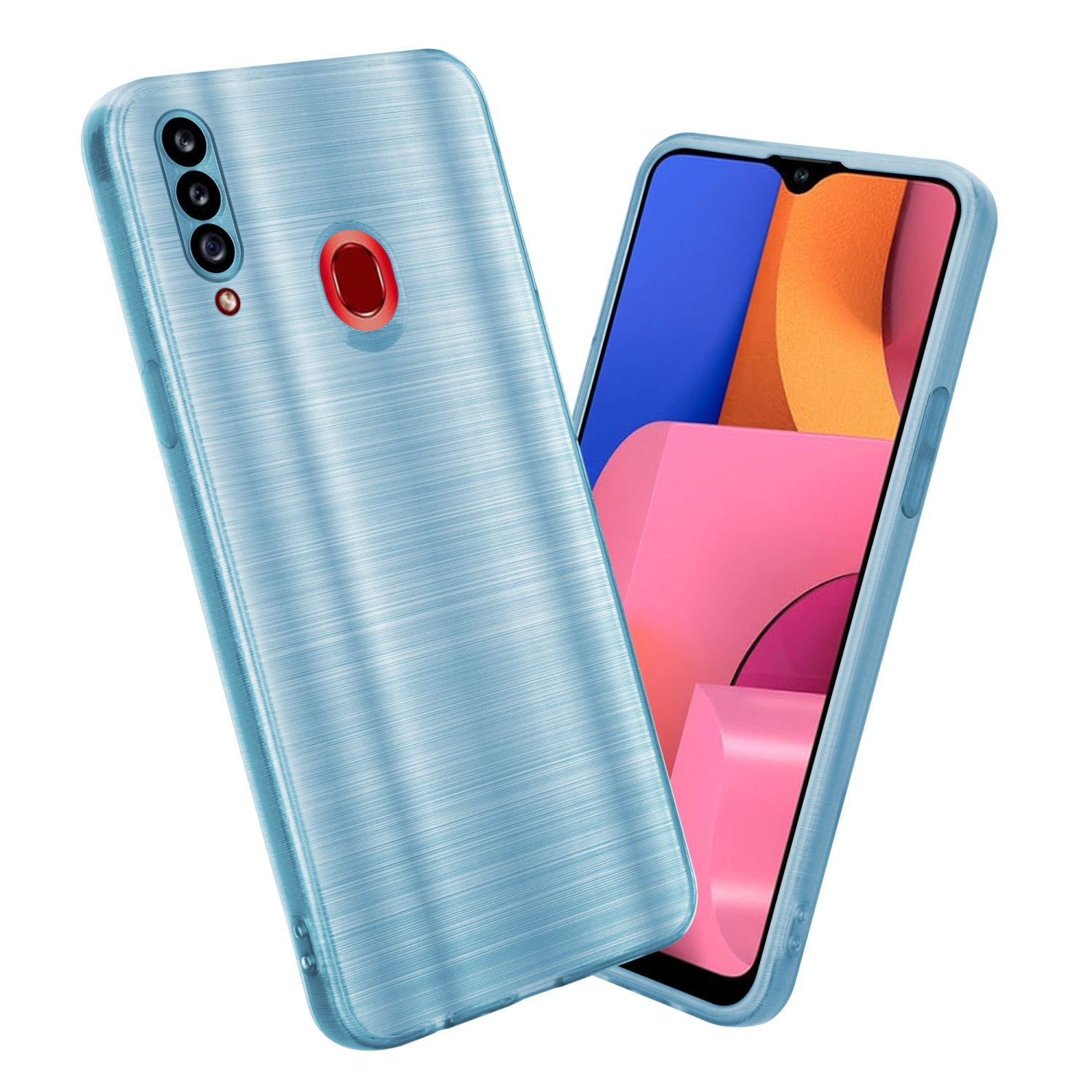 Vengono mostrate due custodie per telefono. Una è blu con una trama in metallo spazzolato. L'altra ha uno schermo rosa.