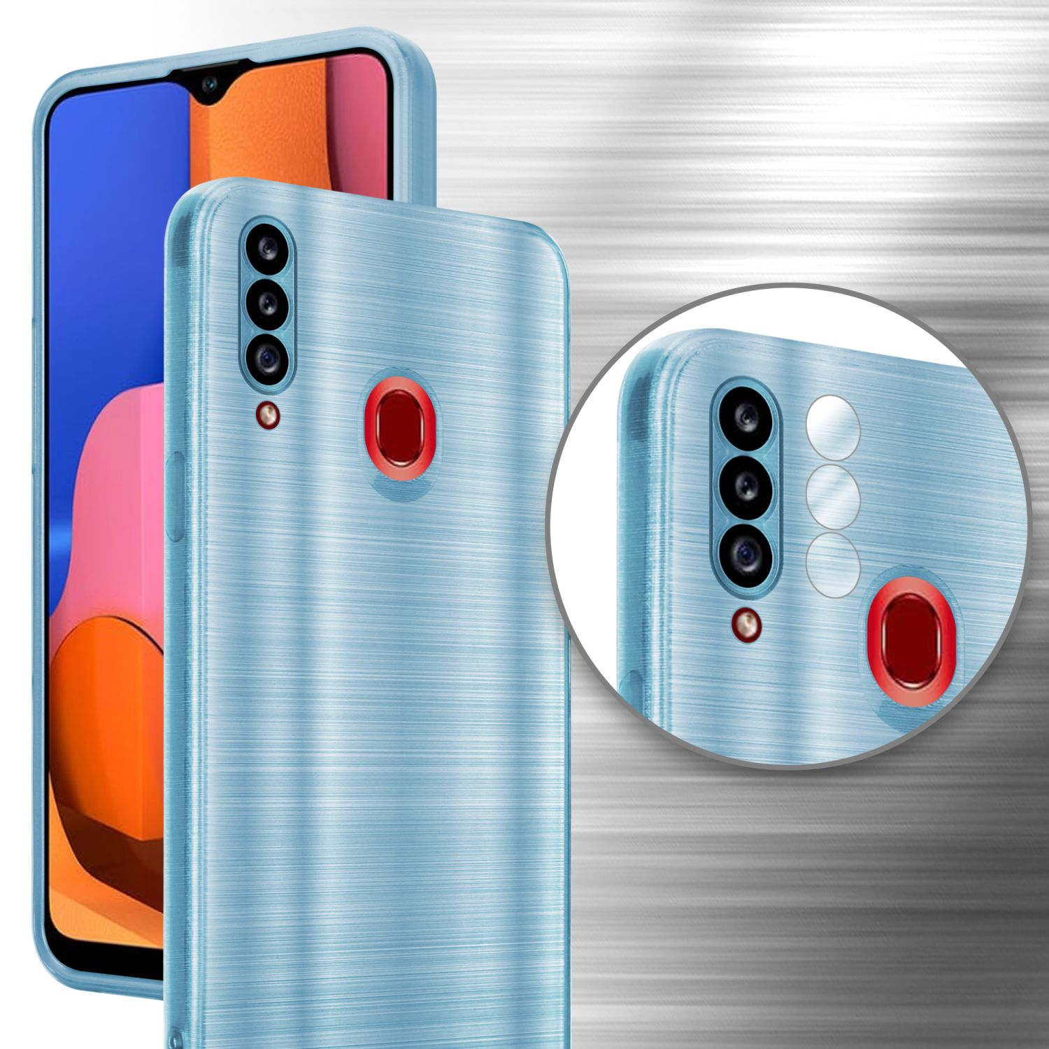 Custodia blu con un telefono dentro.