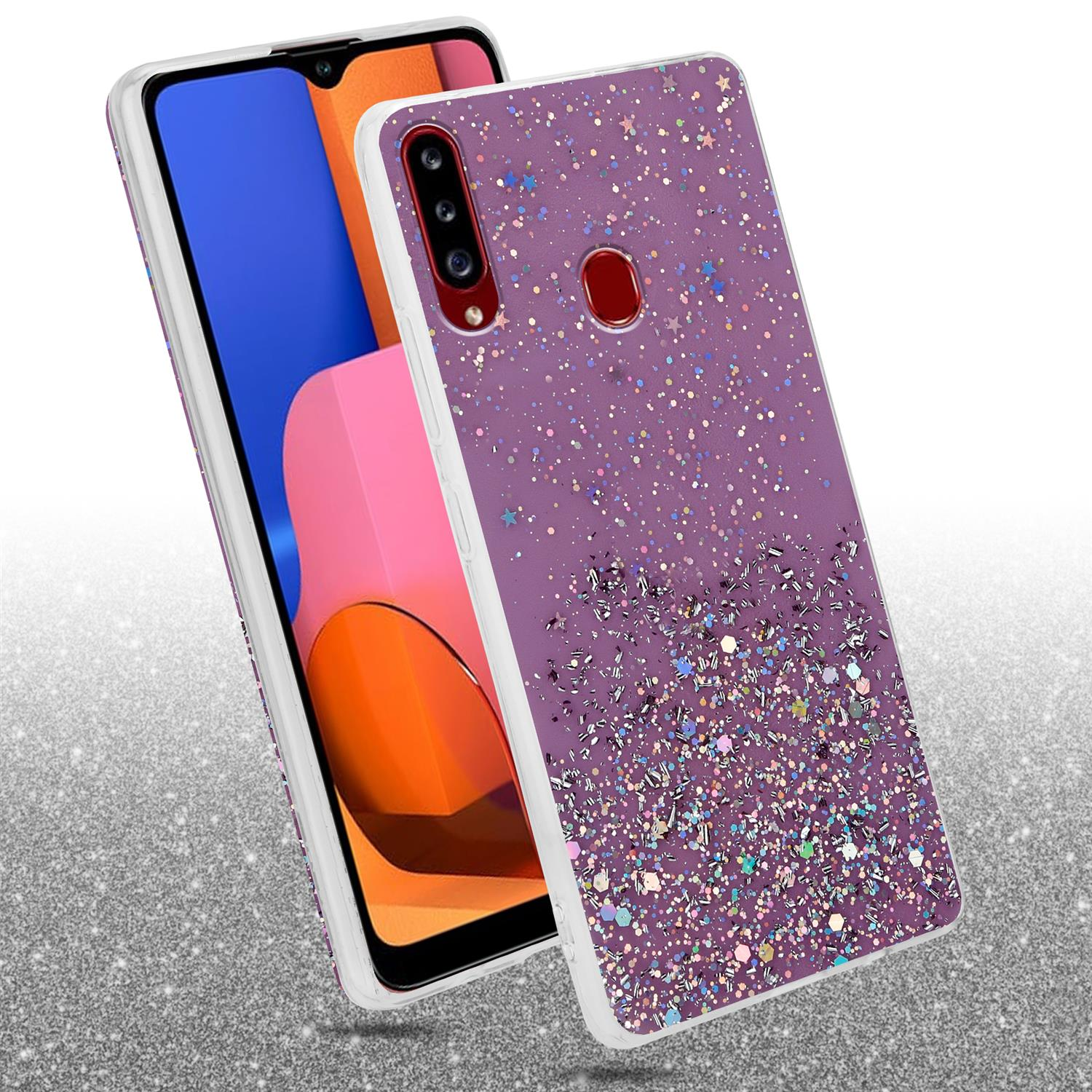 Eine Handyhülle mit Glitzer und Funkeln auf einem Telefon. Ein zweites Telefon ist dahinter. Beide sind lila.