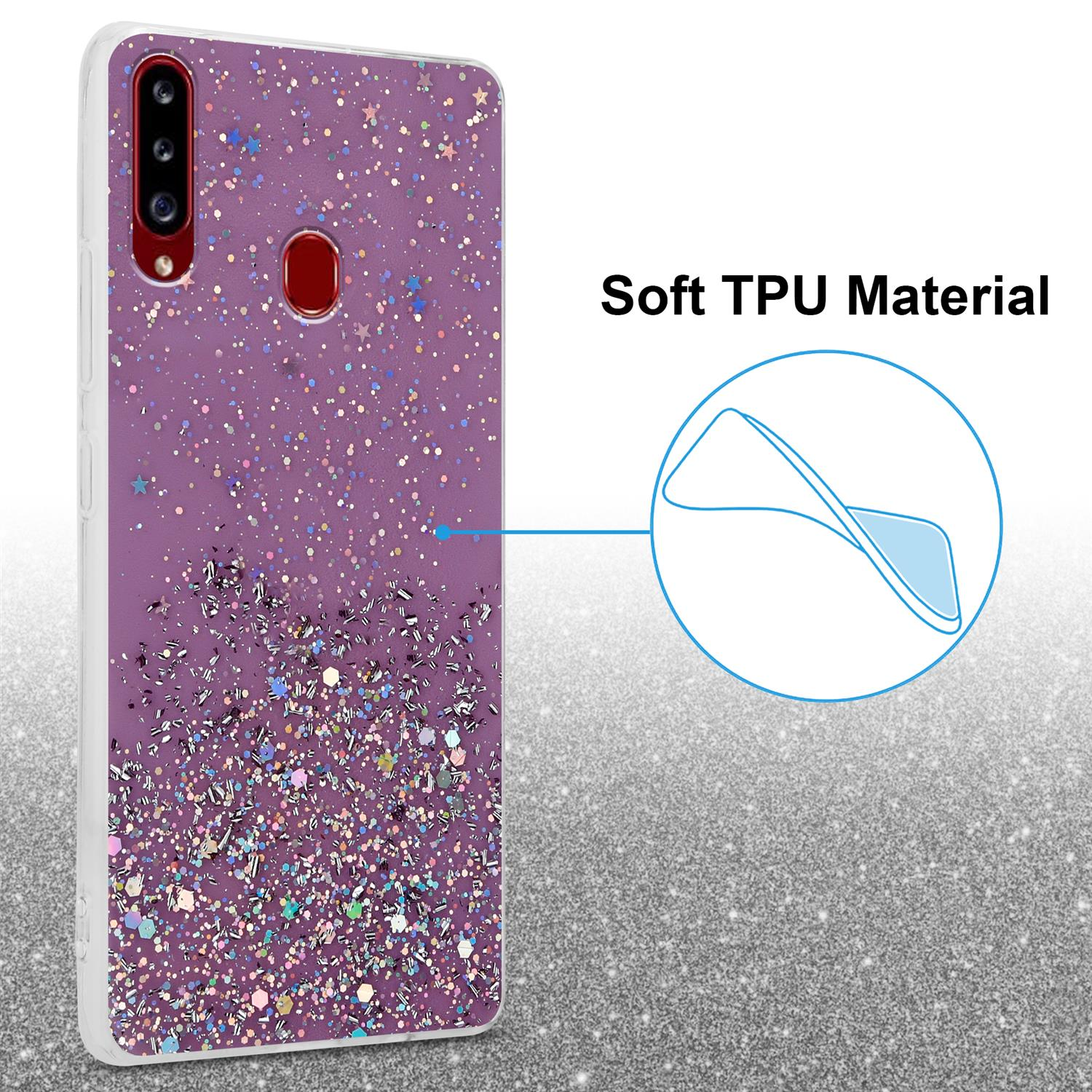 Lila Handyhülle mit Glitzer und ein Telefon auf glänzendem Hintergrund.
