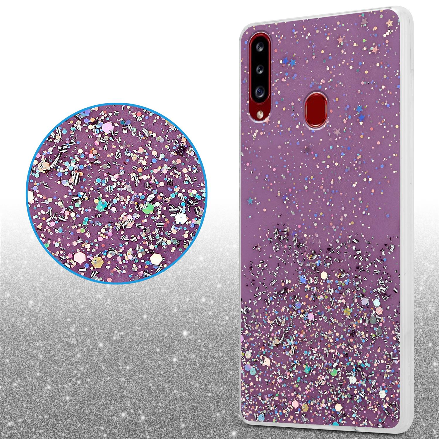 Lila Handyhülle mit Glitzereffekt, mit einem Kreis, der Glitzerdetails zeigt.