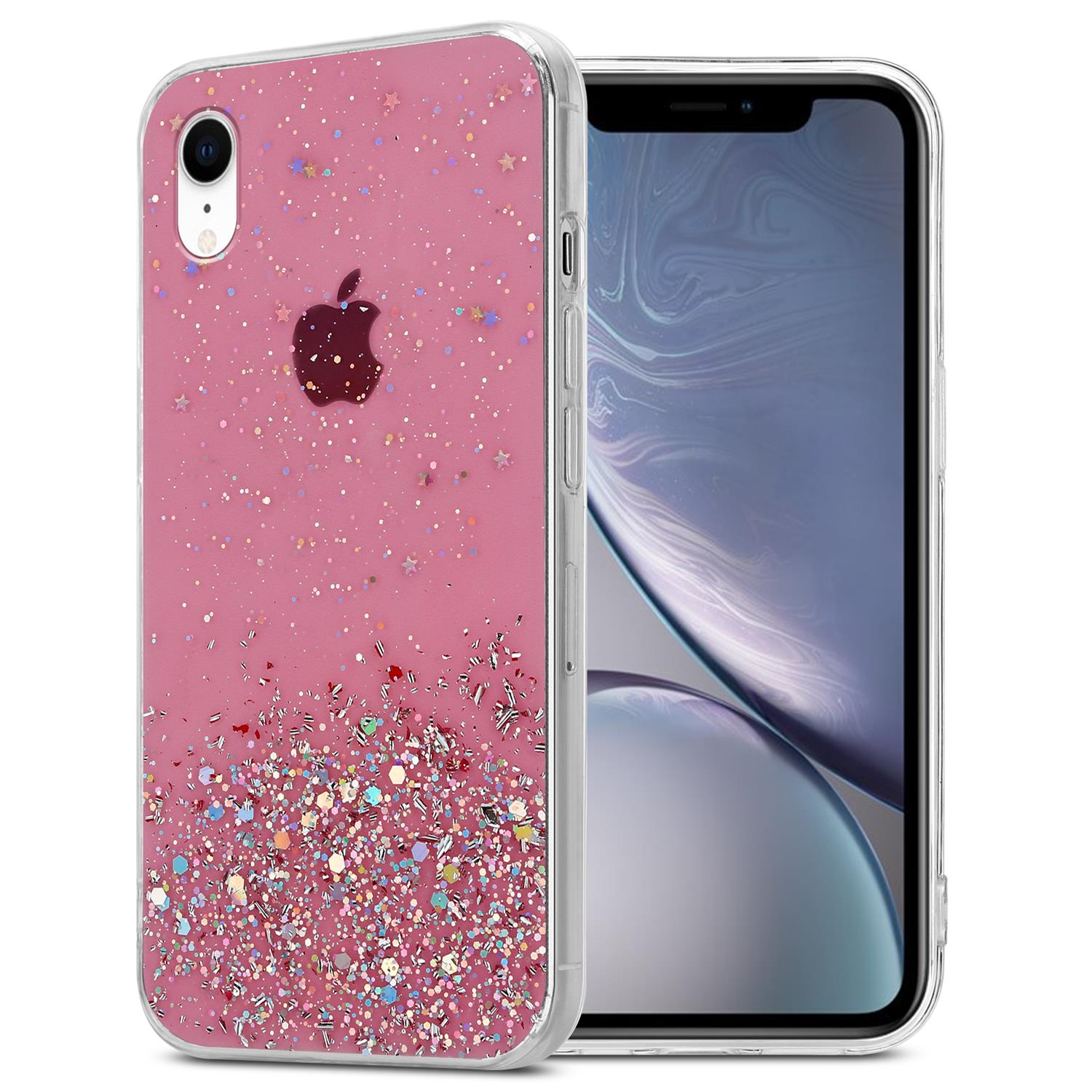Rosa Glitzer-Handyhülle mit Apple-Logo. Das Telefon ist im Inneren der transparenten Hülle sichtbar.