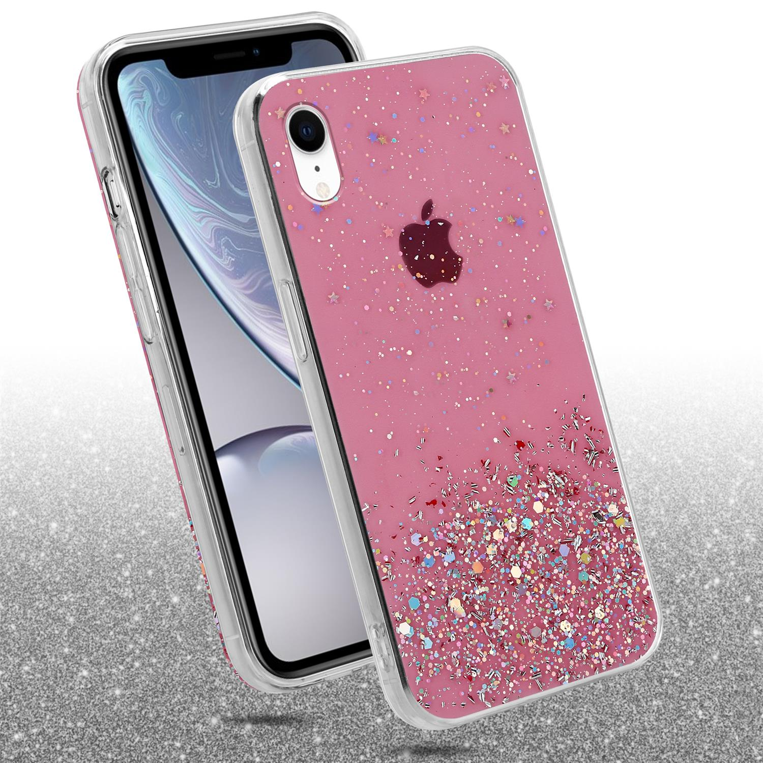 Rosa Handyhülle mit Glitzer und einem iPhone.