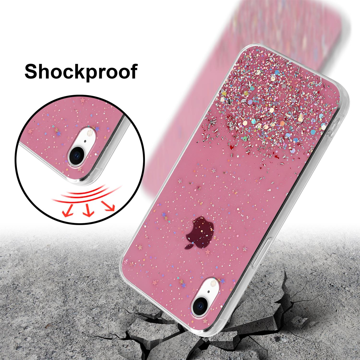 Rosa Handyhülle mit Glitzer, Telefon zeigend, und Aufpralllinien auf rissiger Oberfläche.