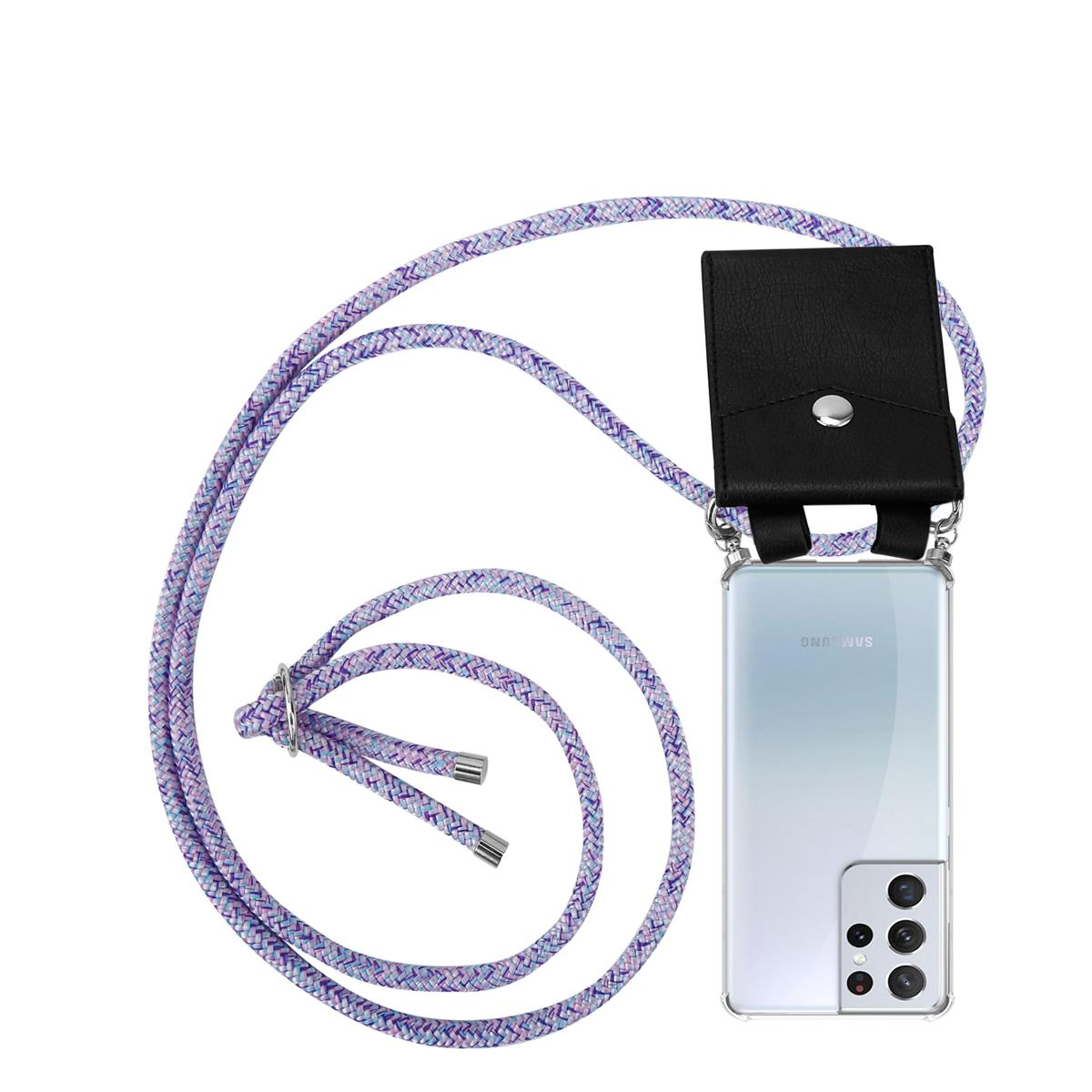 Lila Telefon-Umhängeband mit schwarzer Handyhülle.