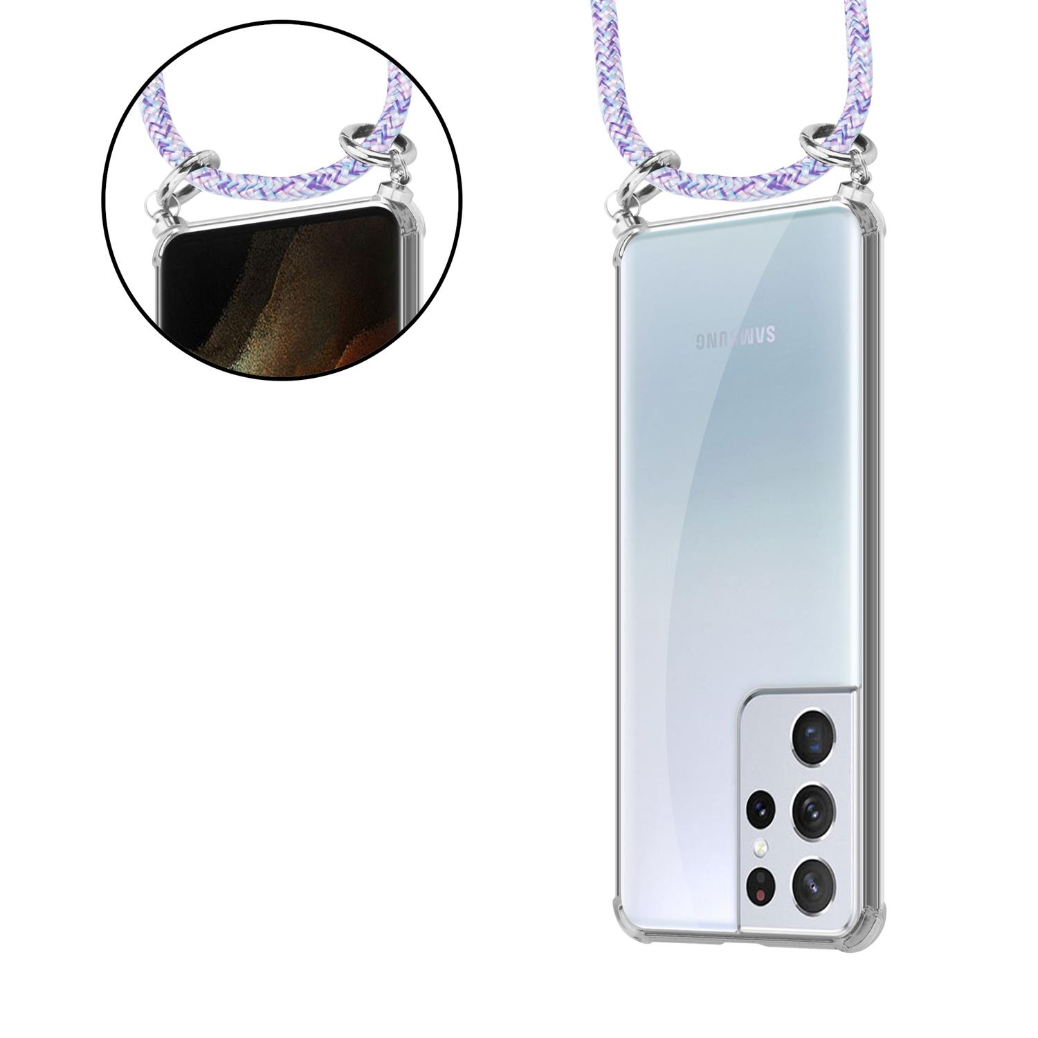 Transparente Handyhülle mit Lanyard, Telefon mit silberner Rückseite, lila-weißes Seil.
