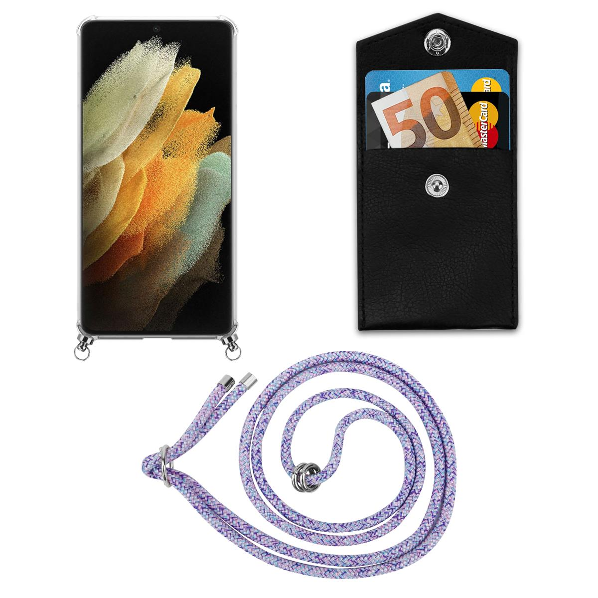 Ein Telefon in einer transparenten Hülle, eine schwarze Handyhülle mit Kreditkarten und eine lila Handyschlaufe.