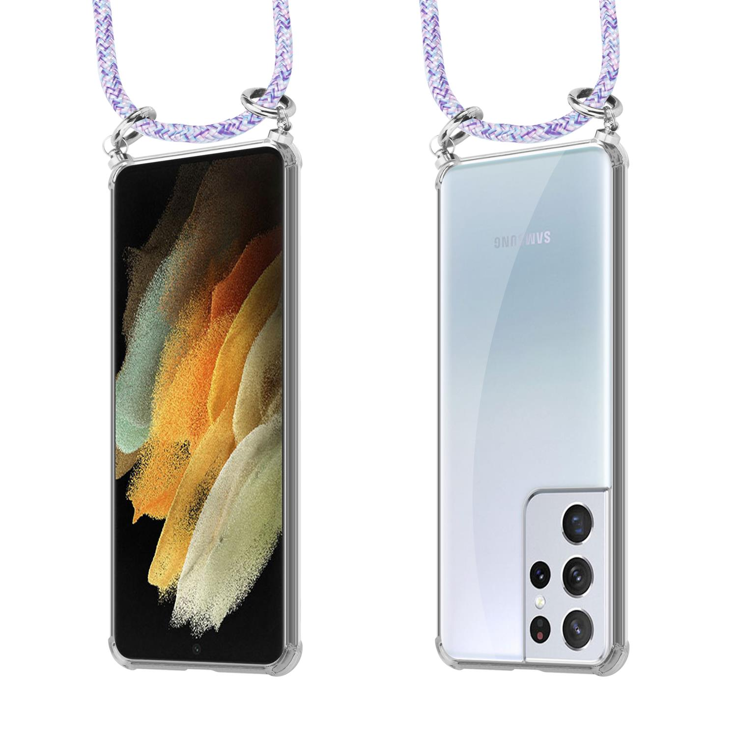 Zwei Seiten eines Telefons in einer transparenten Hülle mit Lanyard. Der Riemen ist mehrfarbig.