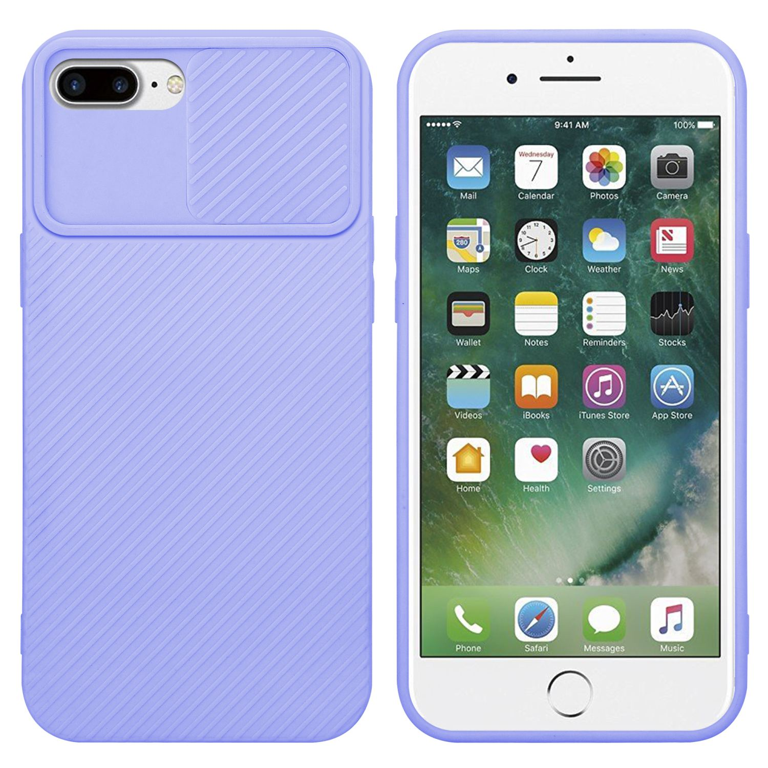 Lila Handyhülle mit Telefon. Telefon mit Apps auf dem Bildschirm. Weißer Hintergrund.
