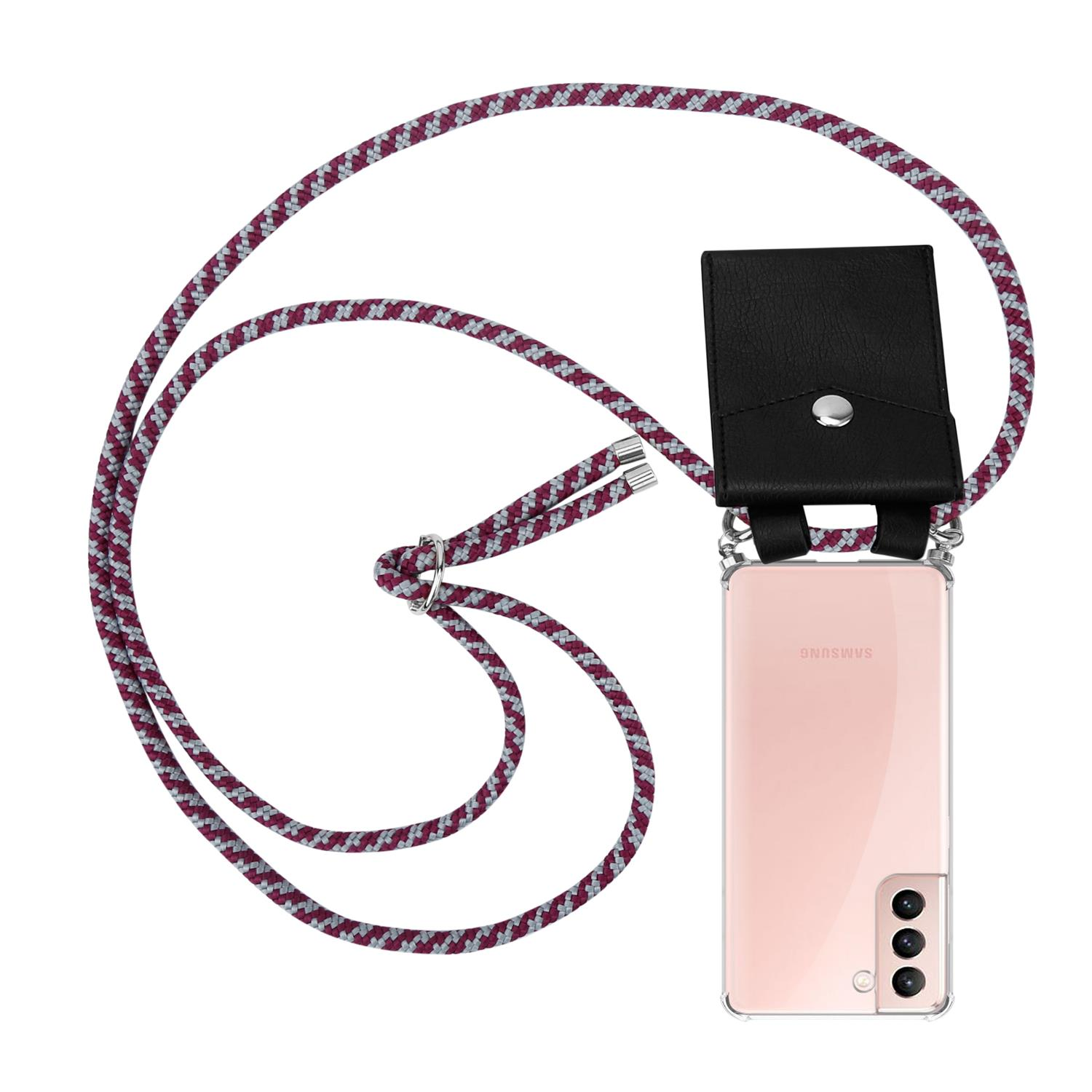 Klares Telefon mit Riemen. Schwarze Handyhülle mit schwarzem Kordel. Das Telefon ist pink.
