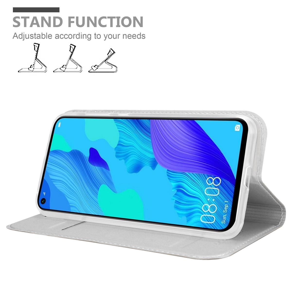 Weiße Handyhülle, offen, mit Telefon und Ständerfunktion.
