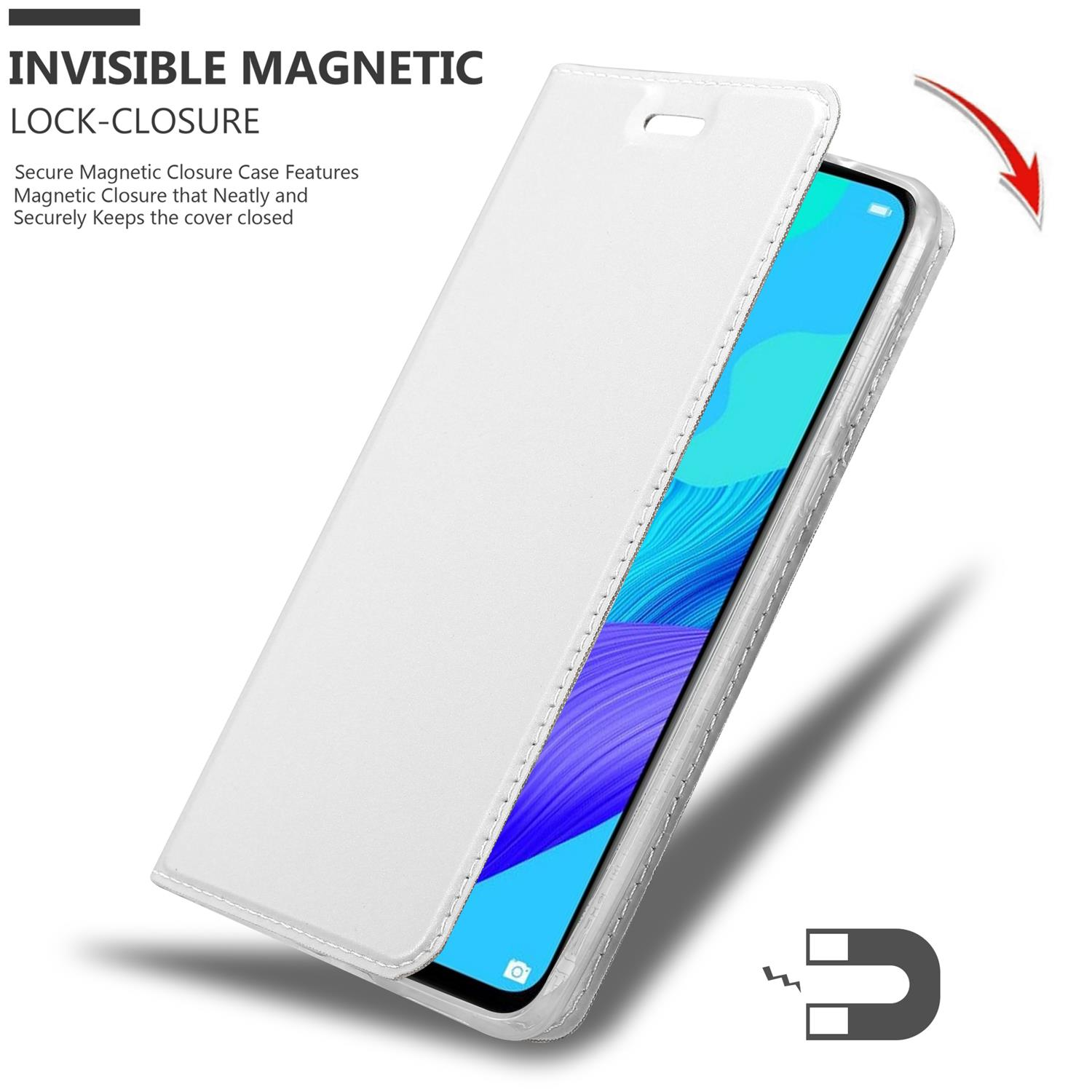 Weiße Handyhülle geöffnet, Handy-Bildschirm zeigend. Der Deckel wird durch Pfeil und Magnet gehalten.