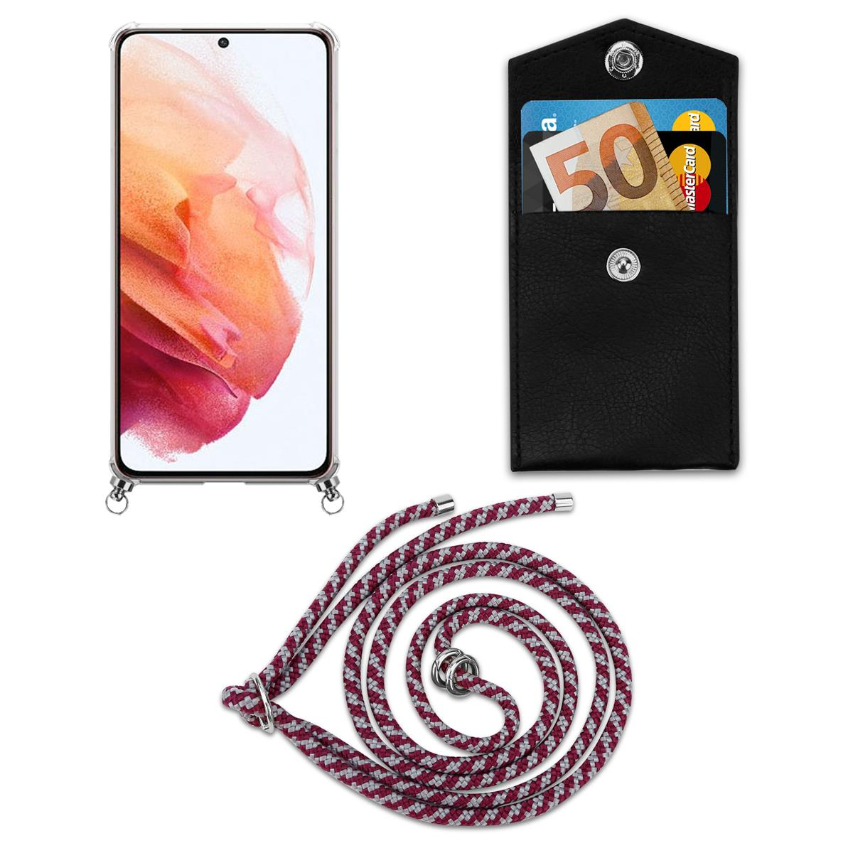 Ein Telefon mit Hülle und ein Lanyard sind abgebildet. Es gibt auch eine schwarze Brieftasche mit Karten.
