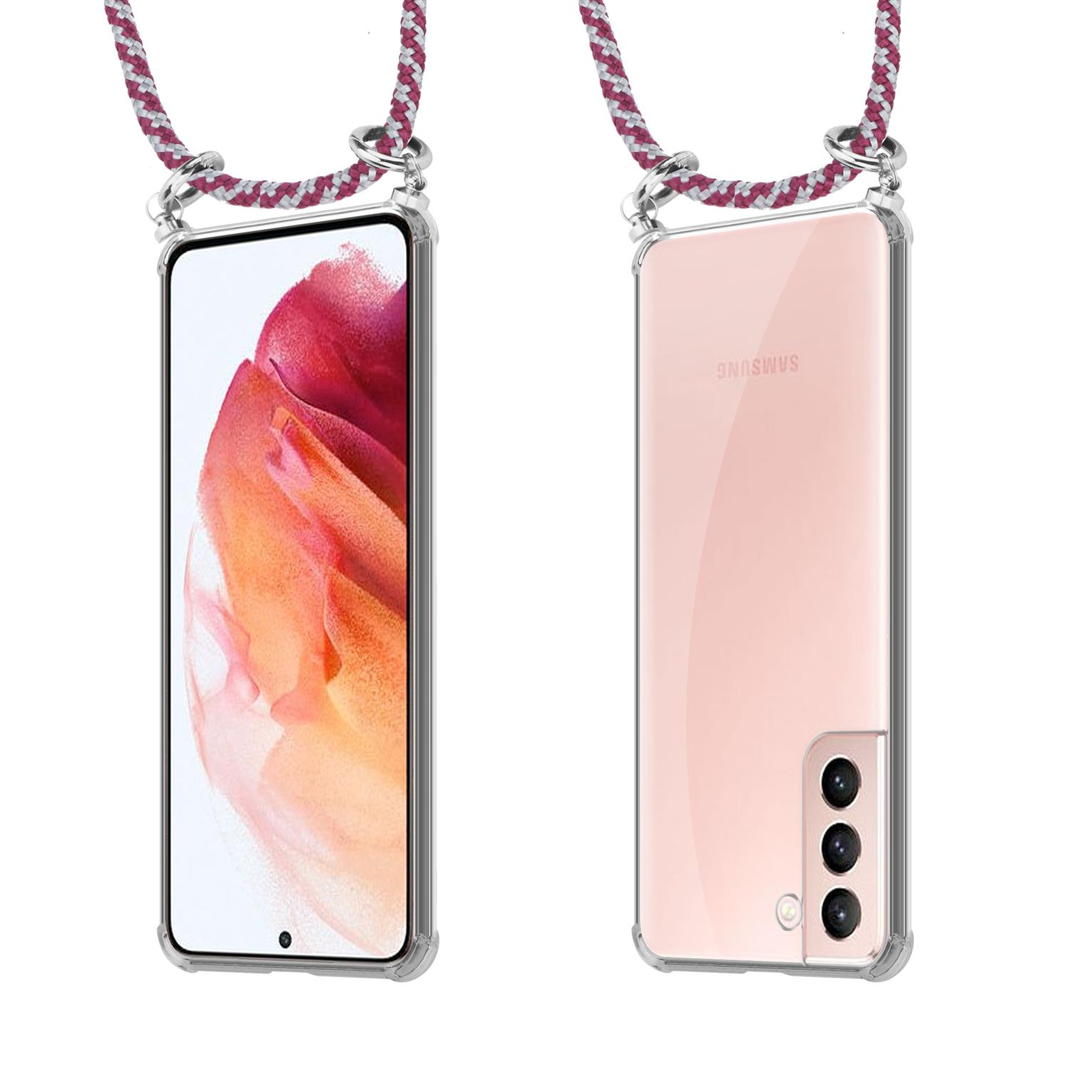 Zwei Ansichten einer Handyhülle mit rotem und weißem Lanyard. Das Telefon ist rosa.