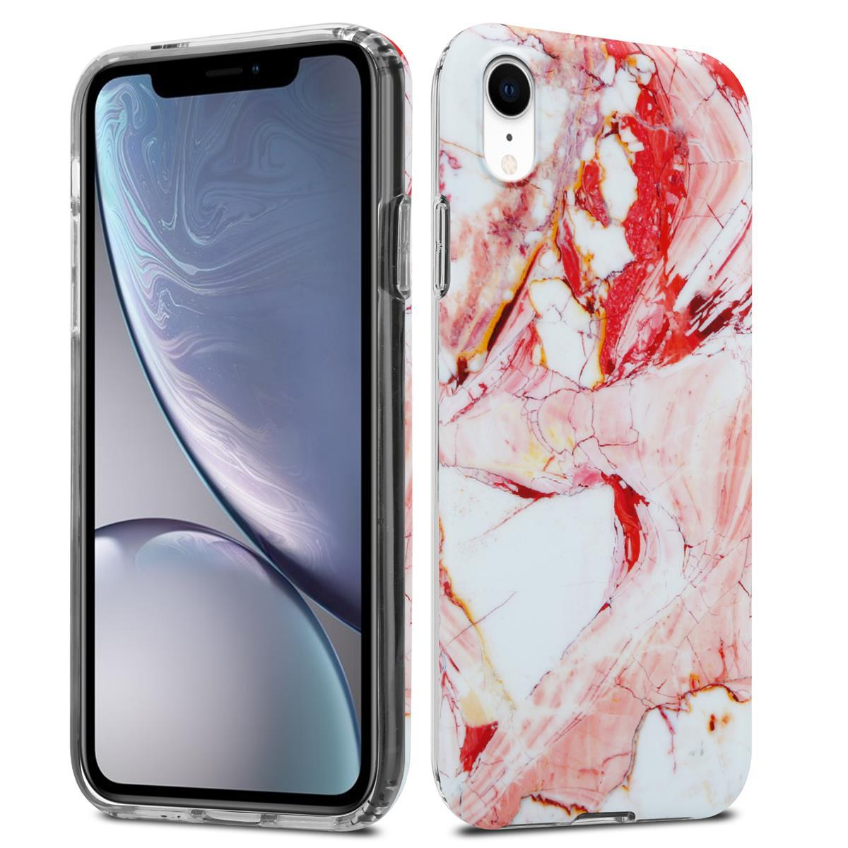 Custodia con design a marmo. Telefono visibile. Sfondo bianco.