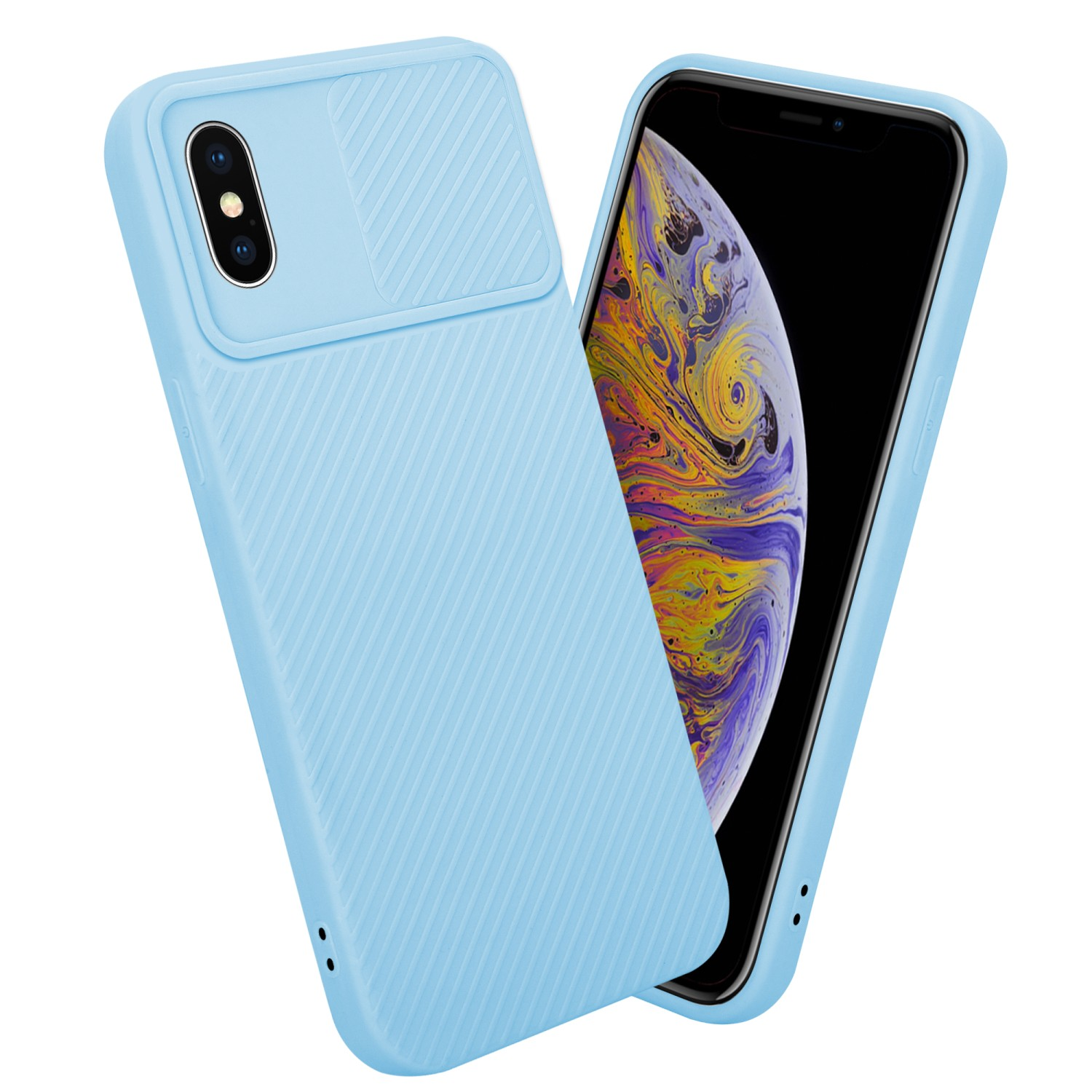 Eine hellblaue Handyhülle mit Kameraabdeckung, neben einem Handy mit abstraktem Hintergrund.