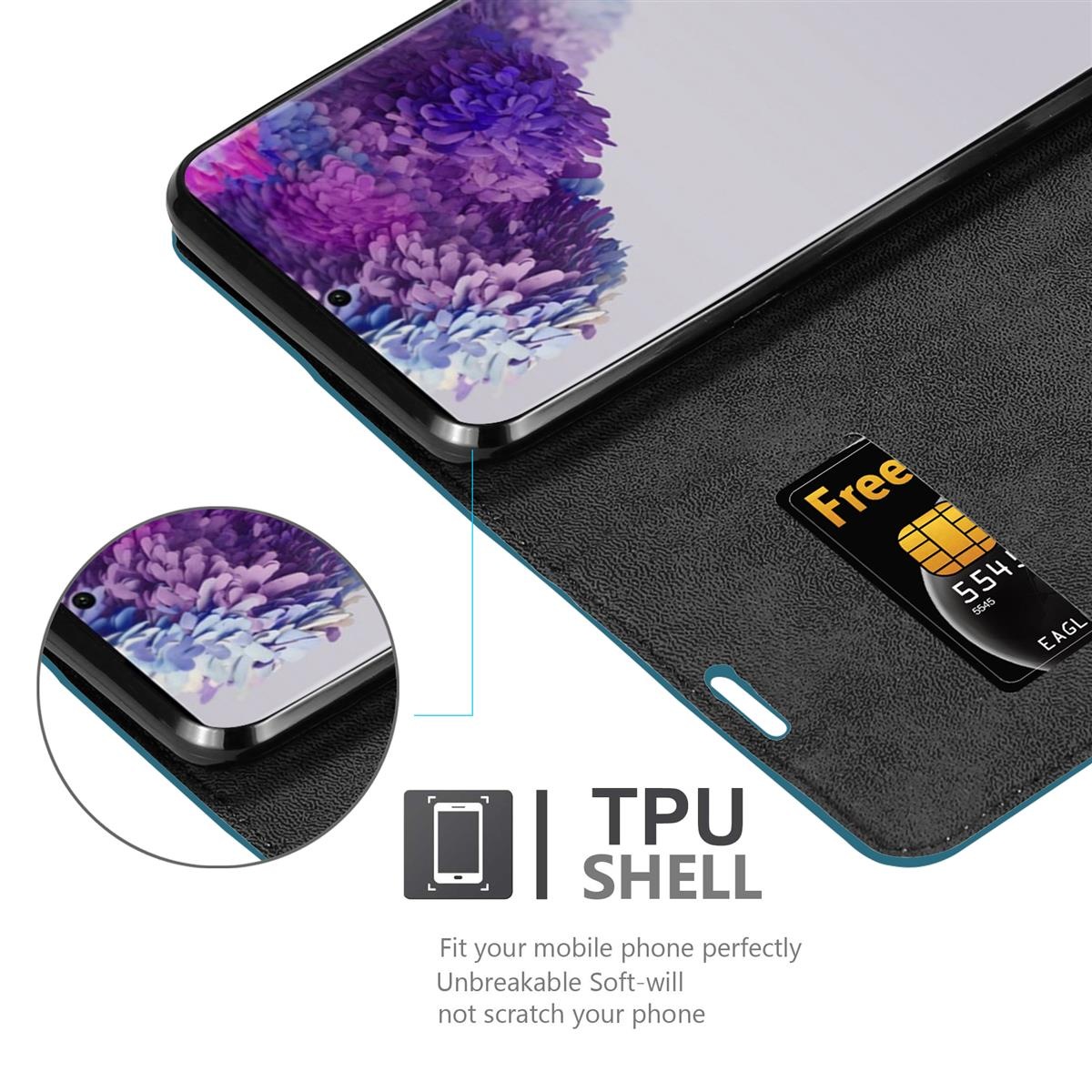 Schwarze Handyhülle mit Kartenfach, SIM-Karte und TPU-Shell-Etikett unten.