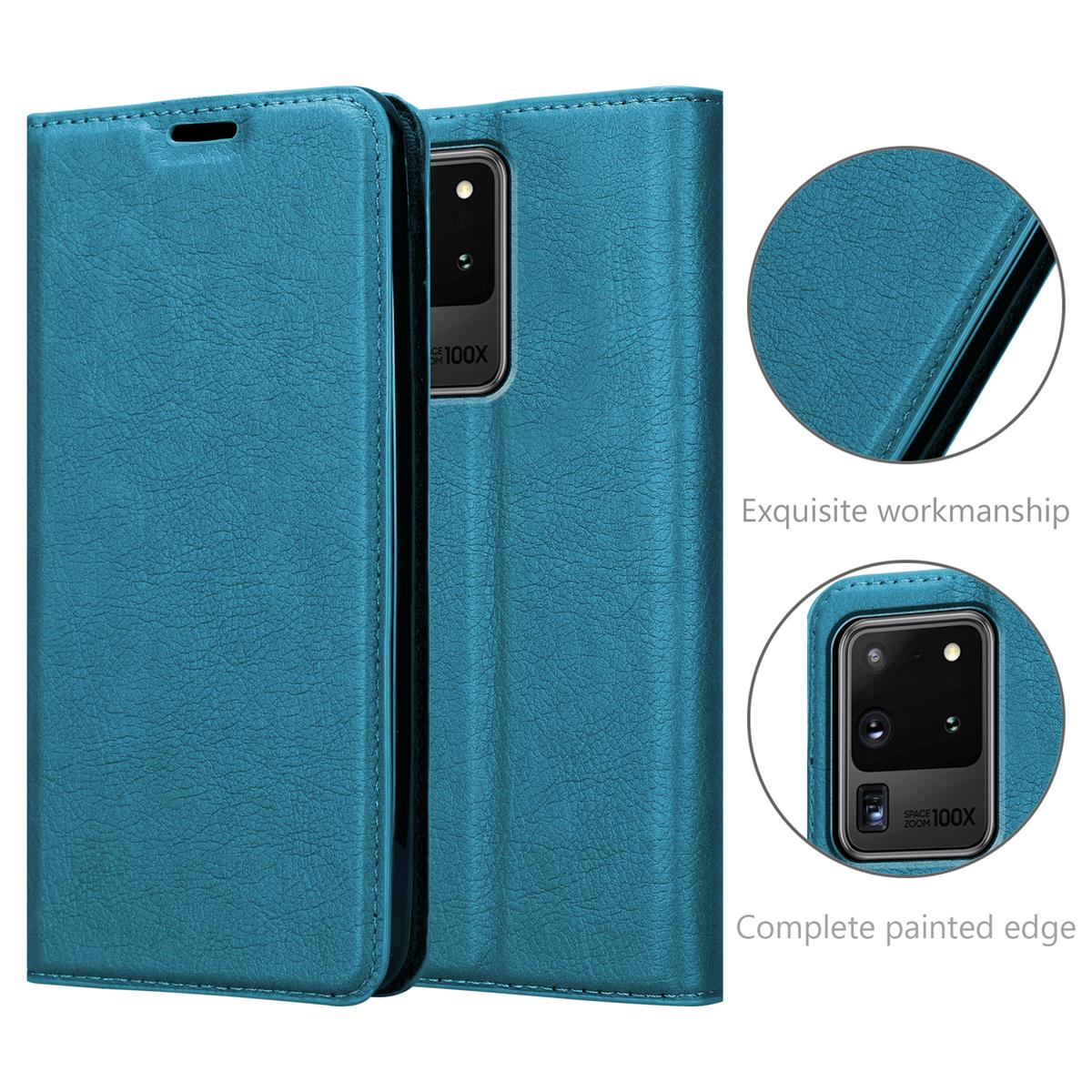 Eine offene, türkisblaue Handyhülle, die ein Telefon zeigt. Details: exquisite Verarbeitung und lackierte Kanten.