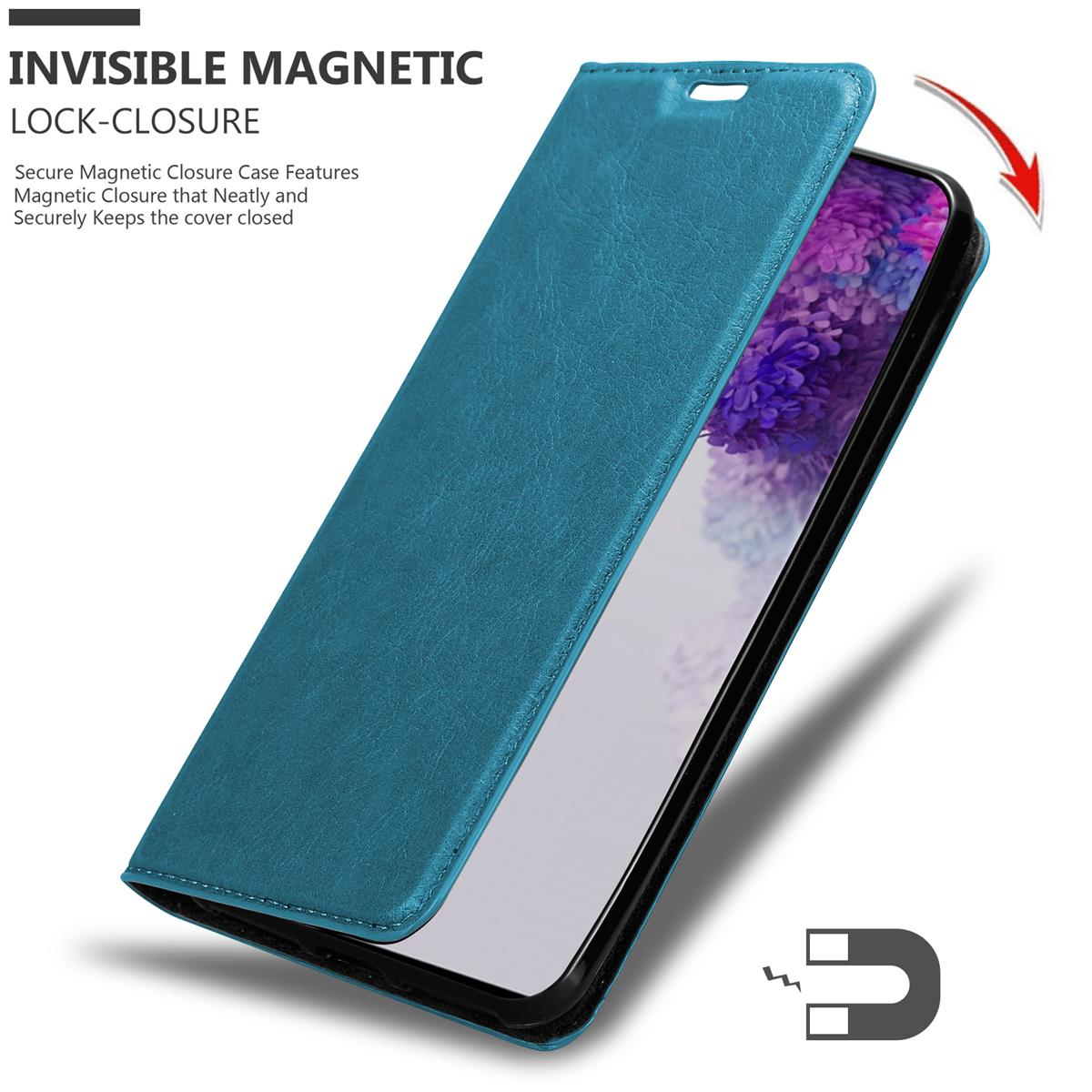 Blaue Telefon-Brieftaschenhülle, geöffnet, zeigt den Telefonbildschirm. Text: Unsichtbarer Magnetverschluss. Türkisfarbe.