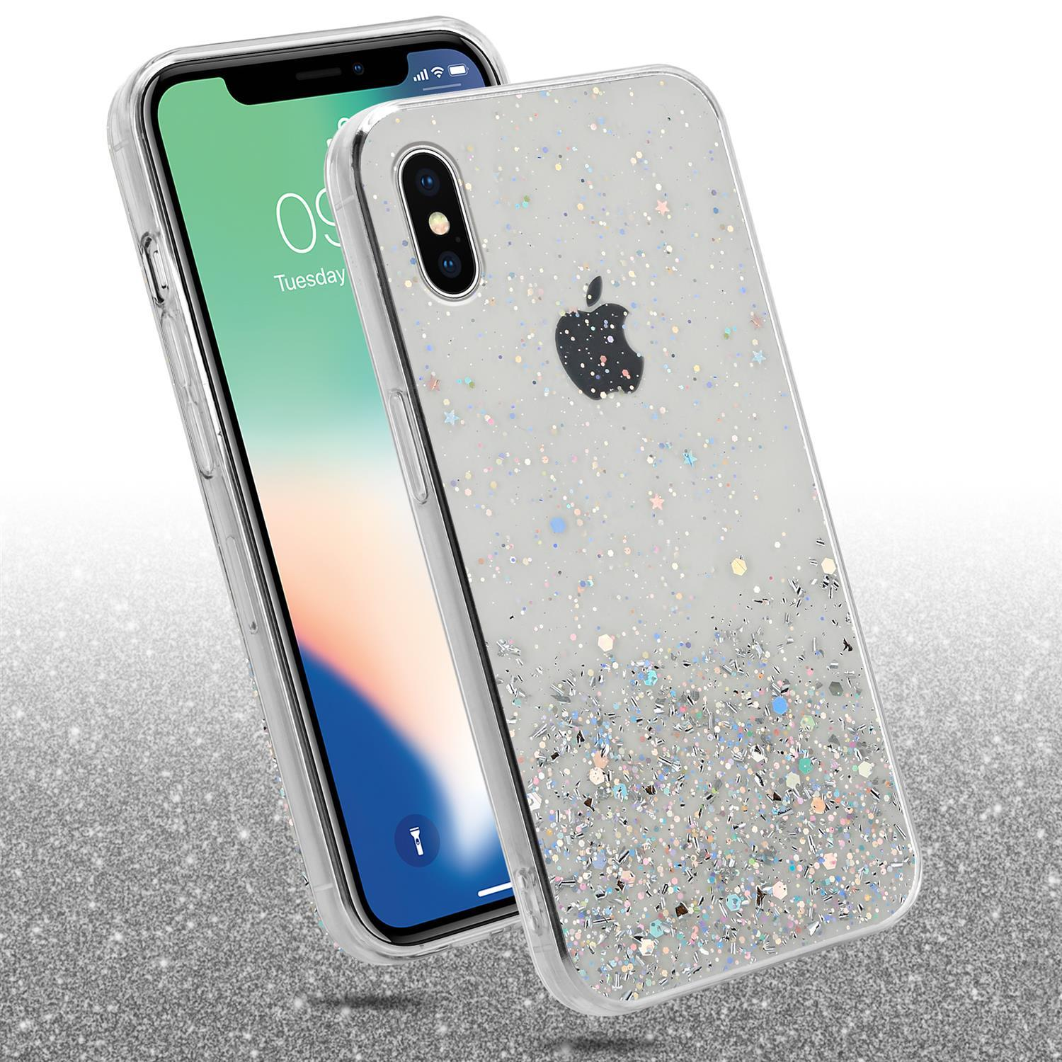 Transparente Handyhülle mit Glitzer und Sternen und einem iPhone.