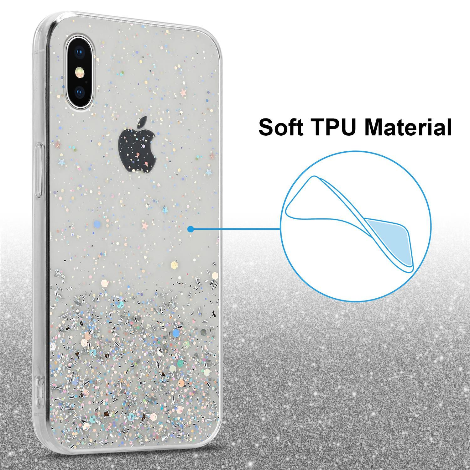 Transparente Handyhülle mit Glitzer und Apple-Logo. Text: 'Soft TPU Material'.