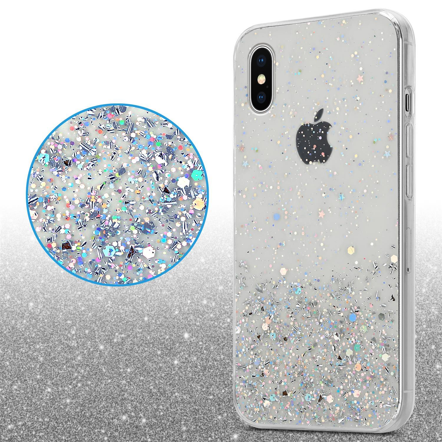 Transparente Handyhülle mit Glitzer. Ein Kreis zeigt Glitzerdetails. Apple-Logo sichtbar.