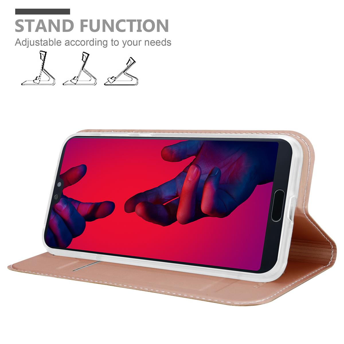 Telefon in einem Etui, offen, um ein farbenfrohes Bild zu zeigen. Text: 'Standfunktion'.