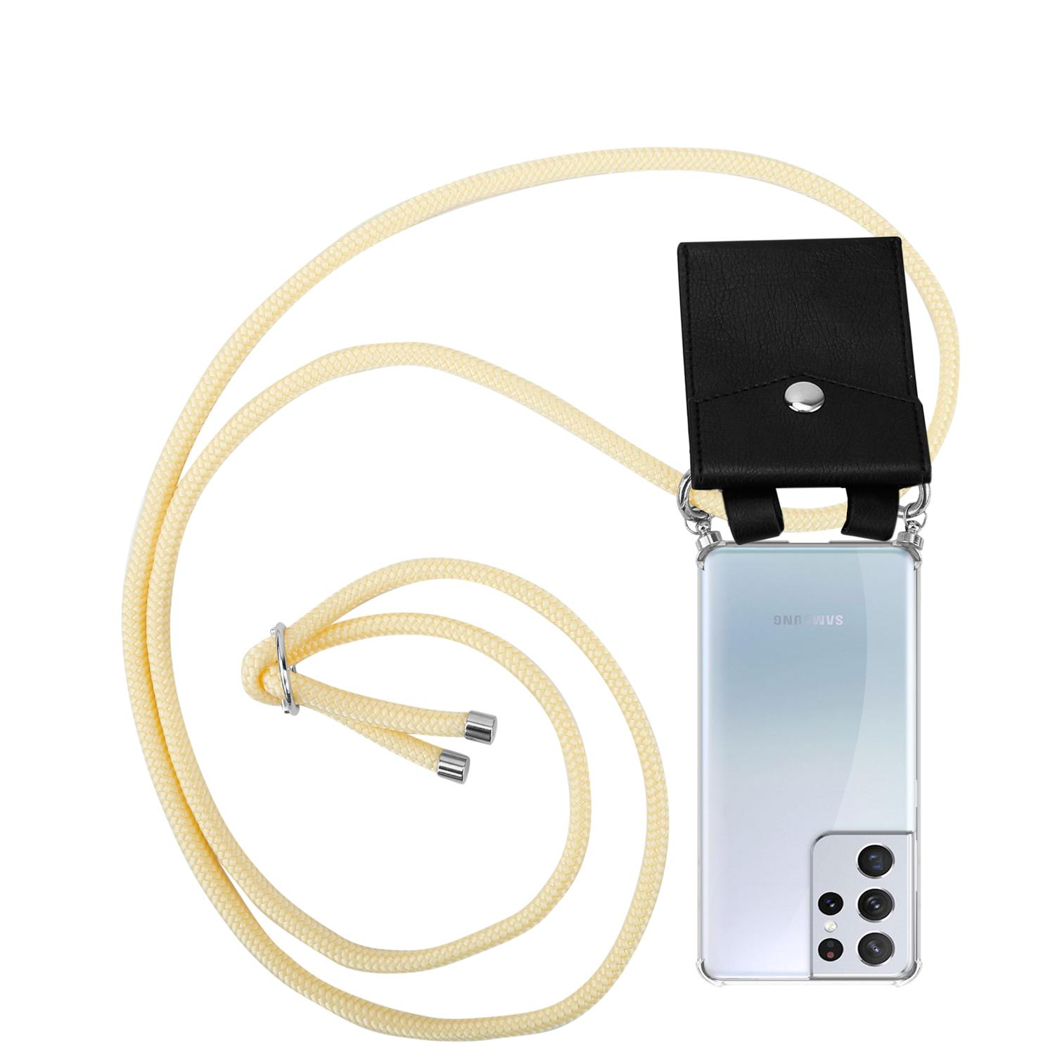 Ein klares Telefon mit einer schwarzen Handyhülle, befestigt an einem gelben Schlüsselband.