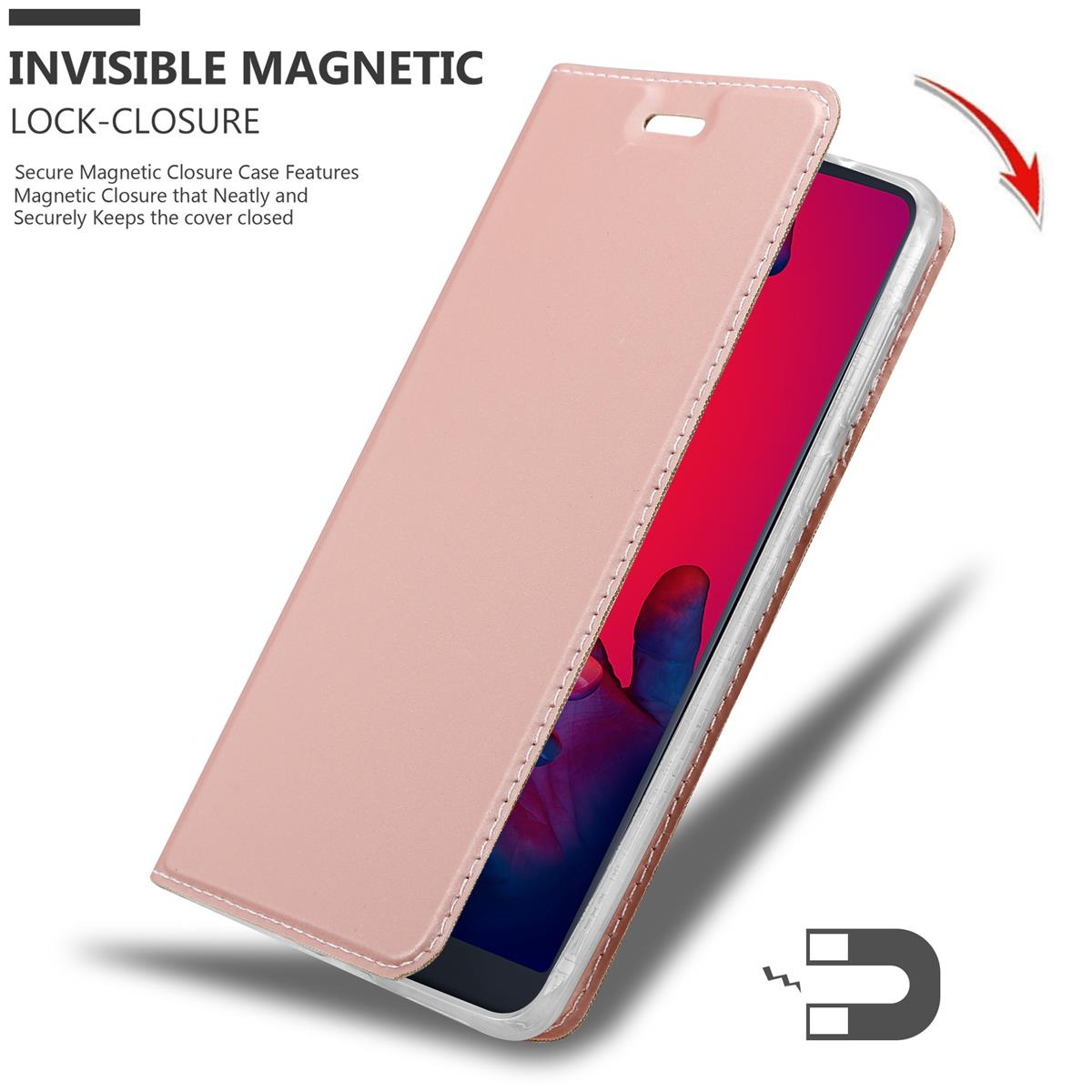 Rosa Handyhülle mit Magnetverschluss und Telefon. Pfeil zeigt auf Verschluss.