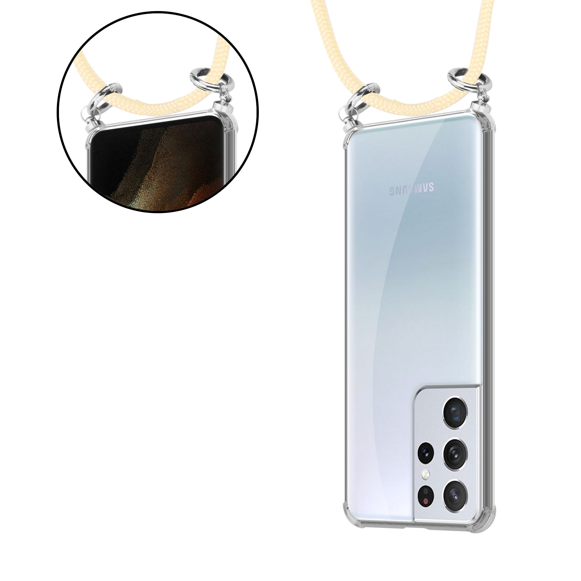 Ein Telefon mit Lanyard. Das Telefon ist transparent und zeigt die Rückseite.