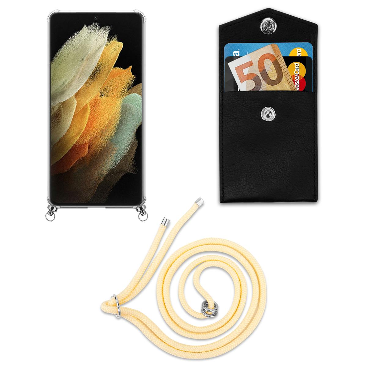 Telefon mit klarer Hülle und Lanyard sowie eine schwarze Geldbörse mit Karten und Bargeld auf weißem Hintergrund.