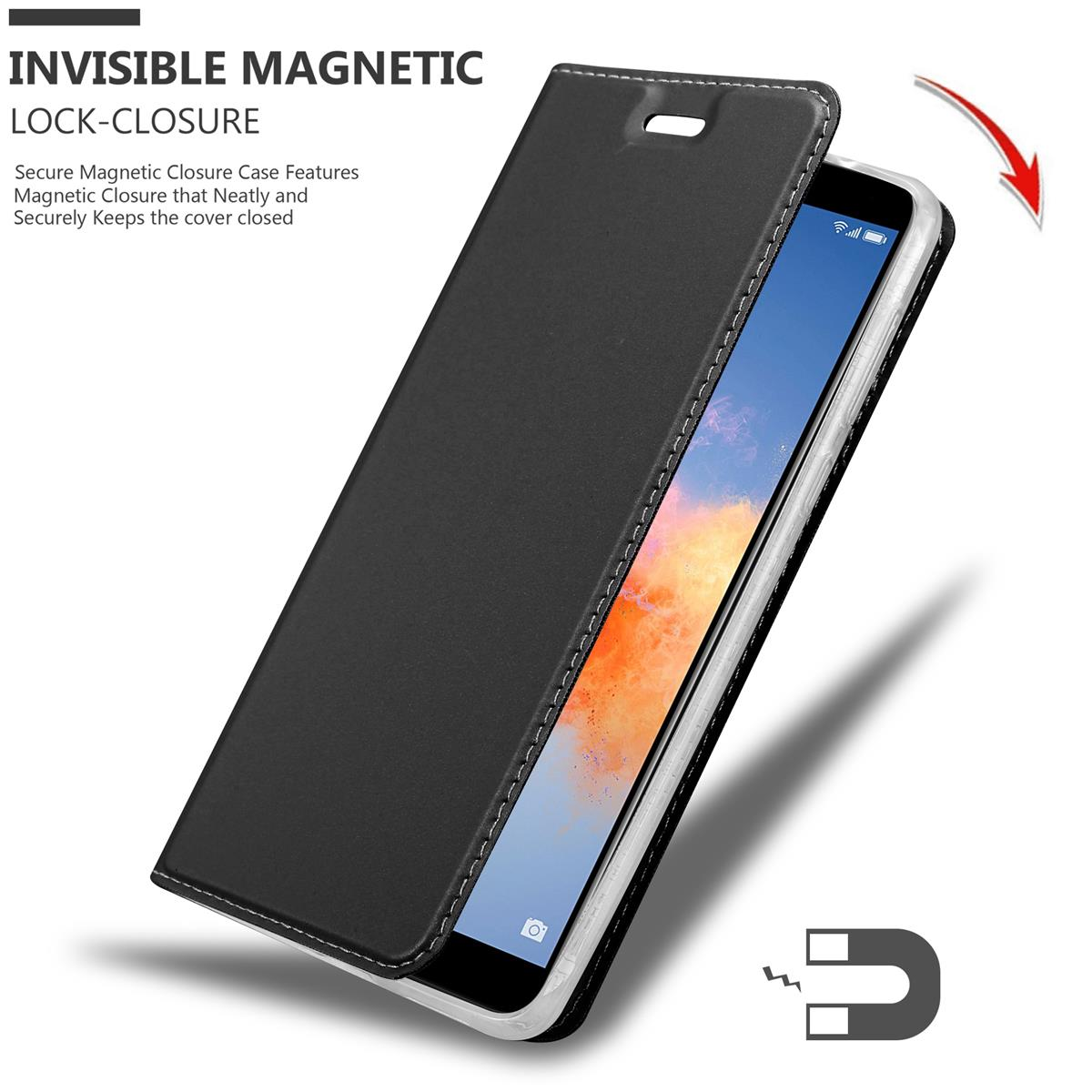 Schwarze Handyhülle geöffnet, zeigt einen Telefonbildschirm. Es gibt ein Magnetsymbol und einen Pfeil, der darauf zeigt.