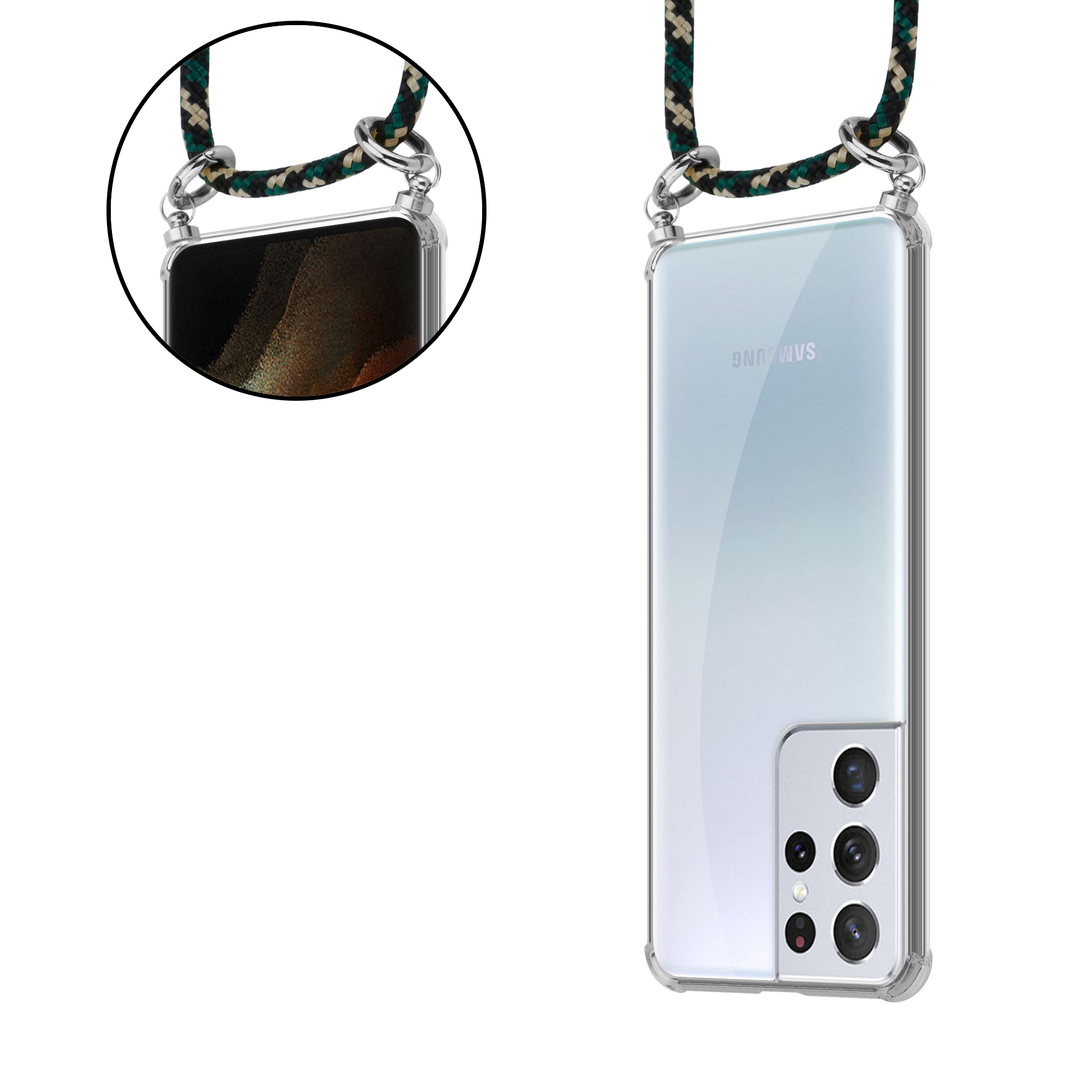 Transparente Handyhülle mit grün-schwarzem Umhängeband. Zeigt Samsung-Handy mit mehreren Kameras.