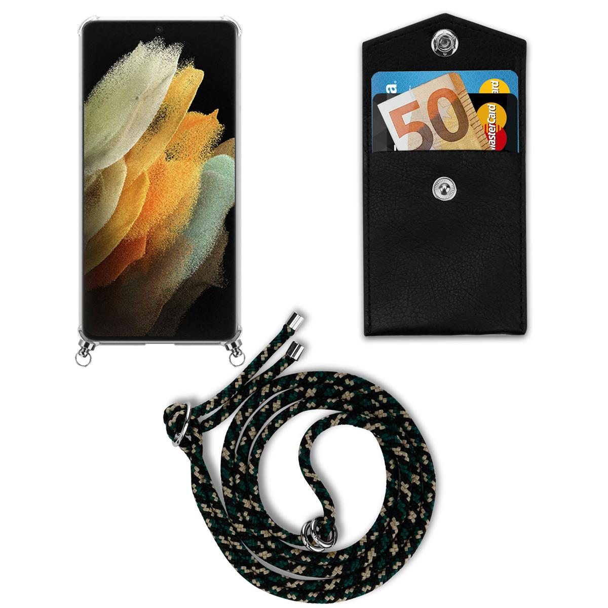 Telefon, schwarze Hülle, schwarz/grüner Riemen, Wallet-Hülle mit Geld und Karte. Weißer Hintergrund.