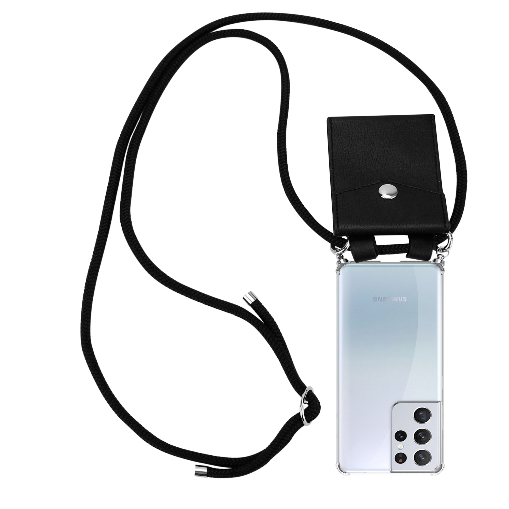 Schwarzes Telefon-Umhängeband mit schwarzer Handyhülle.