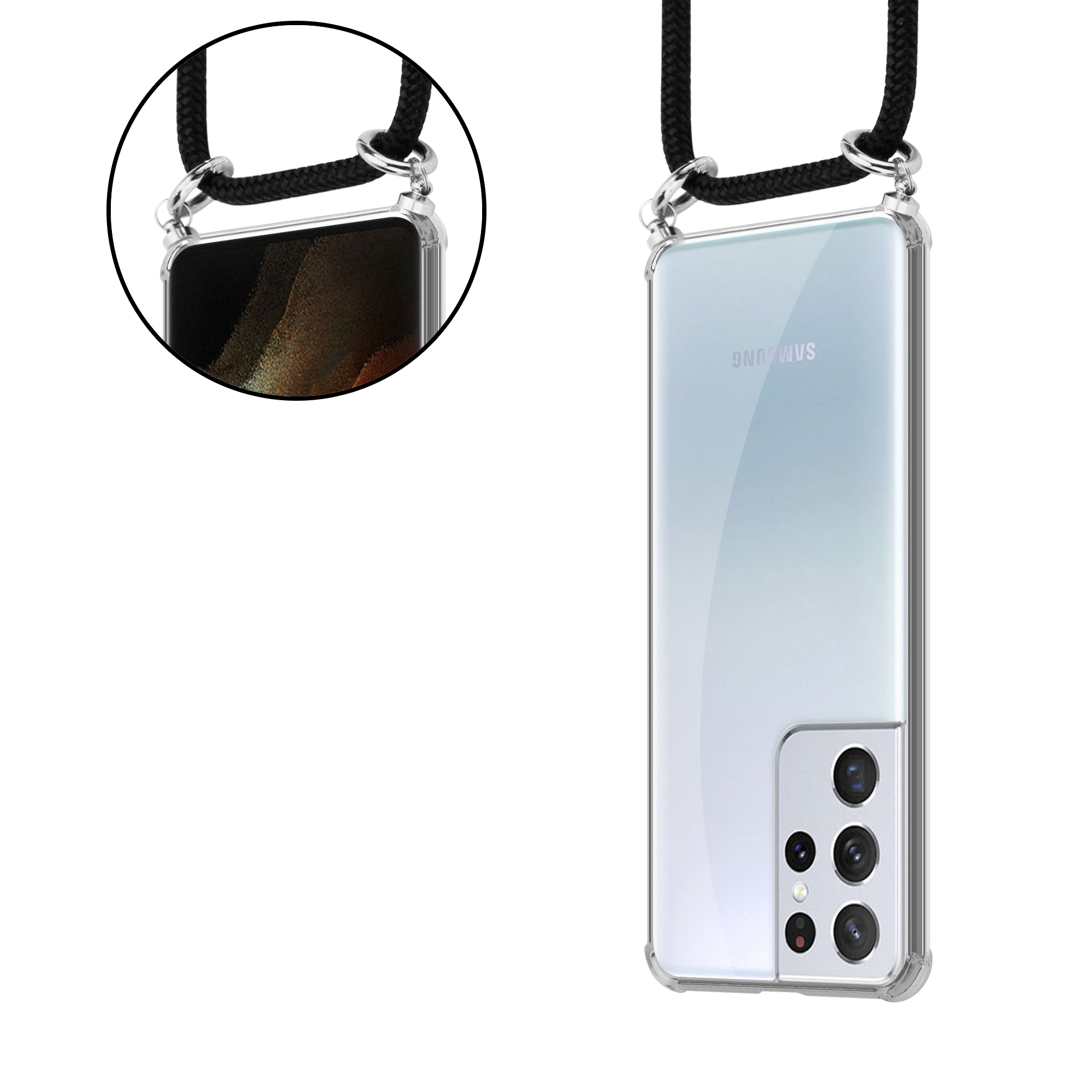 Zwei Seiten eines Telefons in einer transparenten Hülle mit schwarzem Lanyard. Das Telefon hat eine schwarze Rückseite.