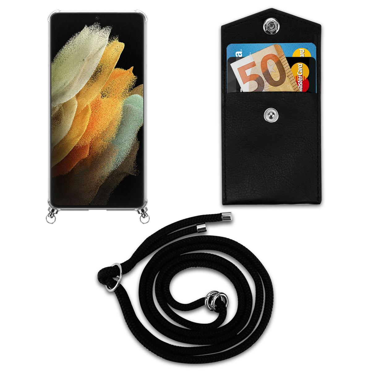 Ein Telefon mit Halsband und Kartenhalter mit Karten und Geld.