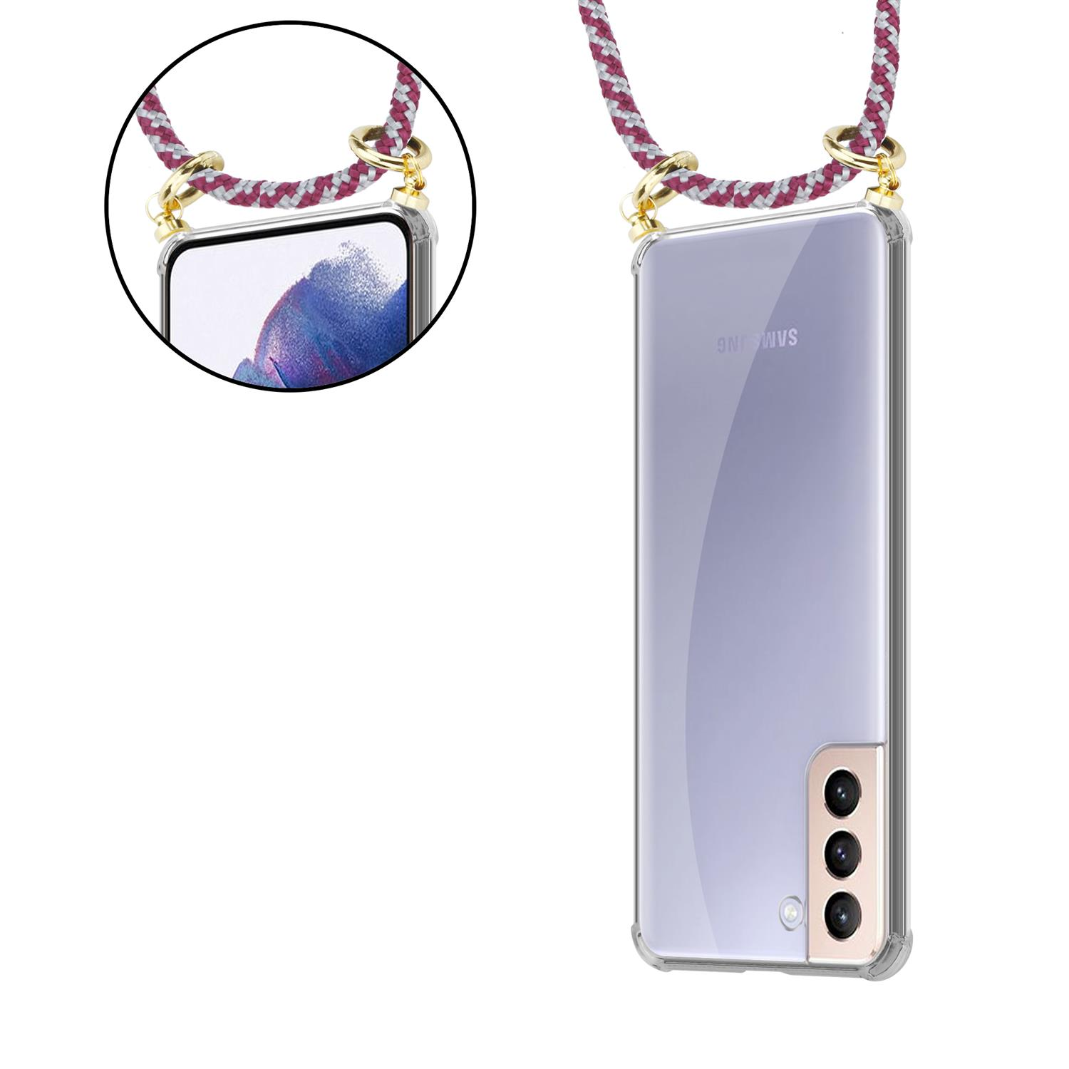 Kordel Hülle, und Samsung, Gold ROT Handy Band Backcover, Ringen, Kette abnehmbarer CADORABO S21 WEIß mit PLUS, Galaxy