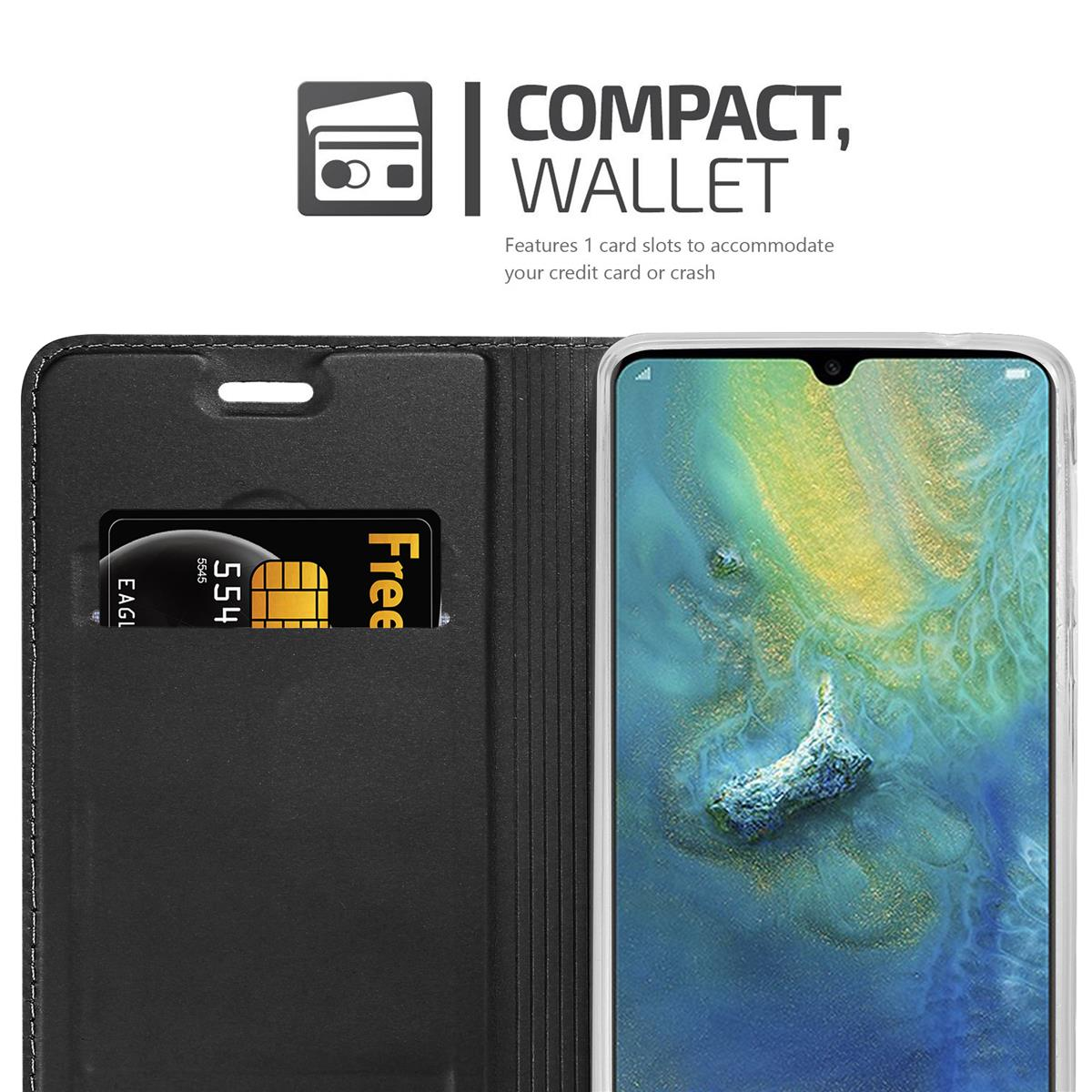 Schwarze Handyhülle mit Kreditkartenfach, geöffnet. Ein Telefon mit Display ist sichtbar.