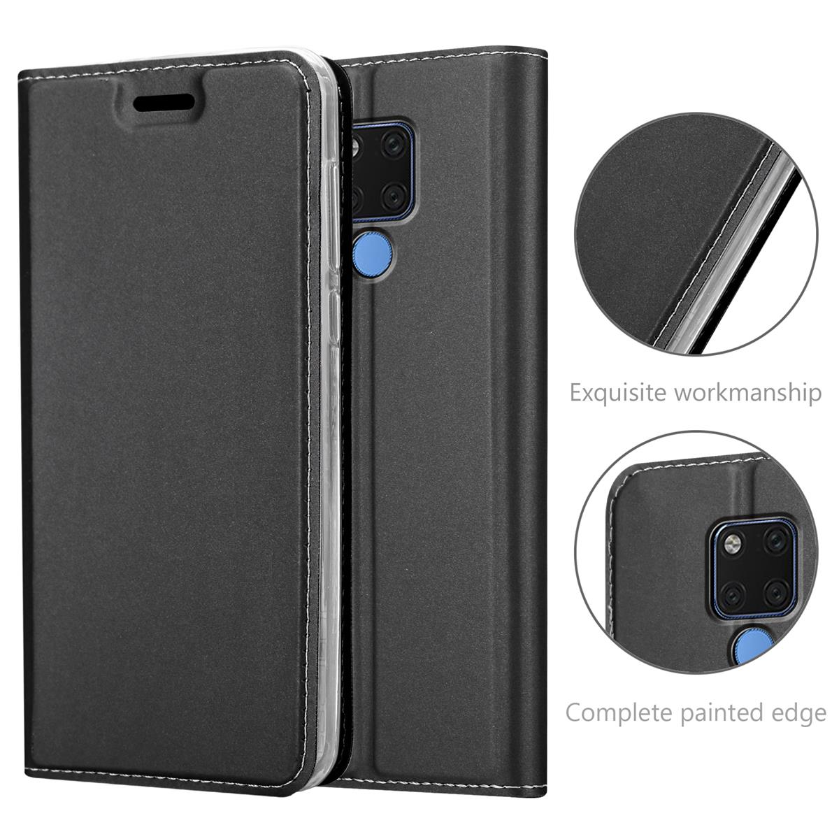 Schwarze Brieftaschen-Handyhülle mit weißen Nähten. Die Handyhülle ist auf weißem Hintergrund.